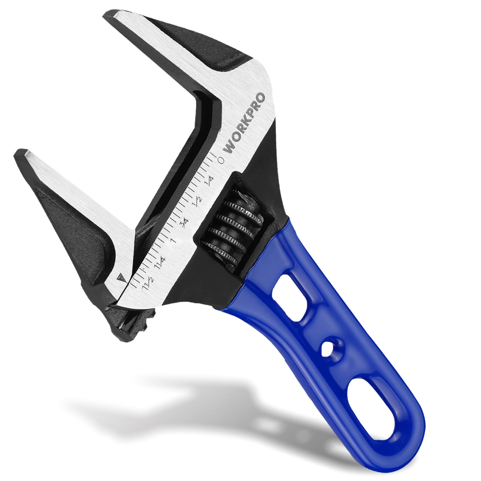 WORKPRO adjustable stubby wrench with blue handle and wide black jaw opening