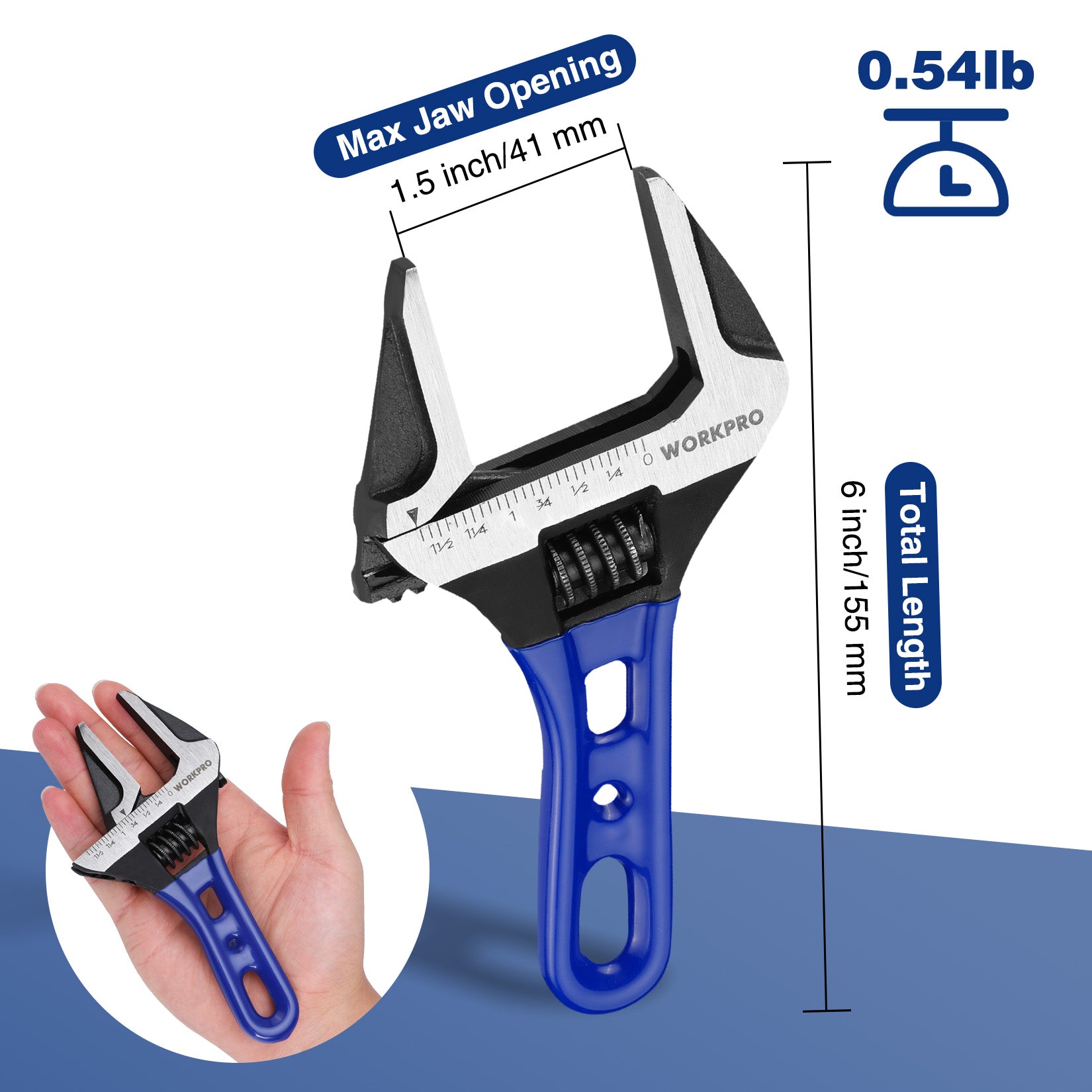 Blue-handled adjustable wrench showing max jaw opening measurement and scale