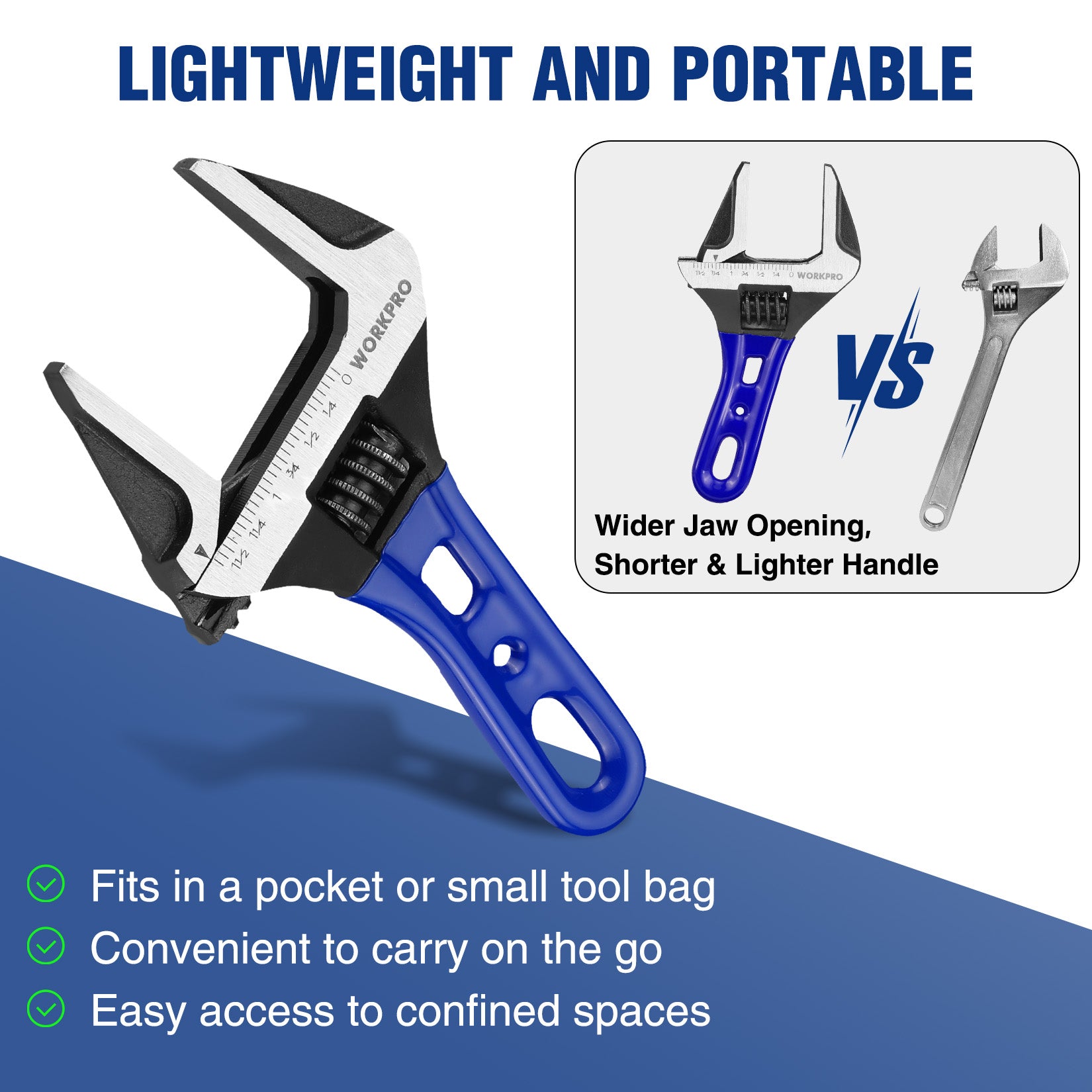 Portable stubby adjustable wrench with blue handle and toothed jaw adjuster