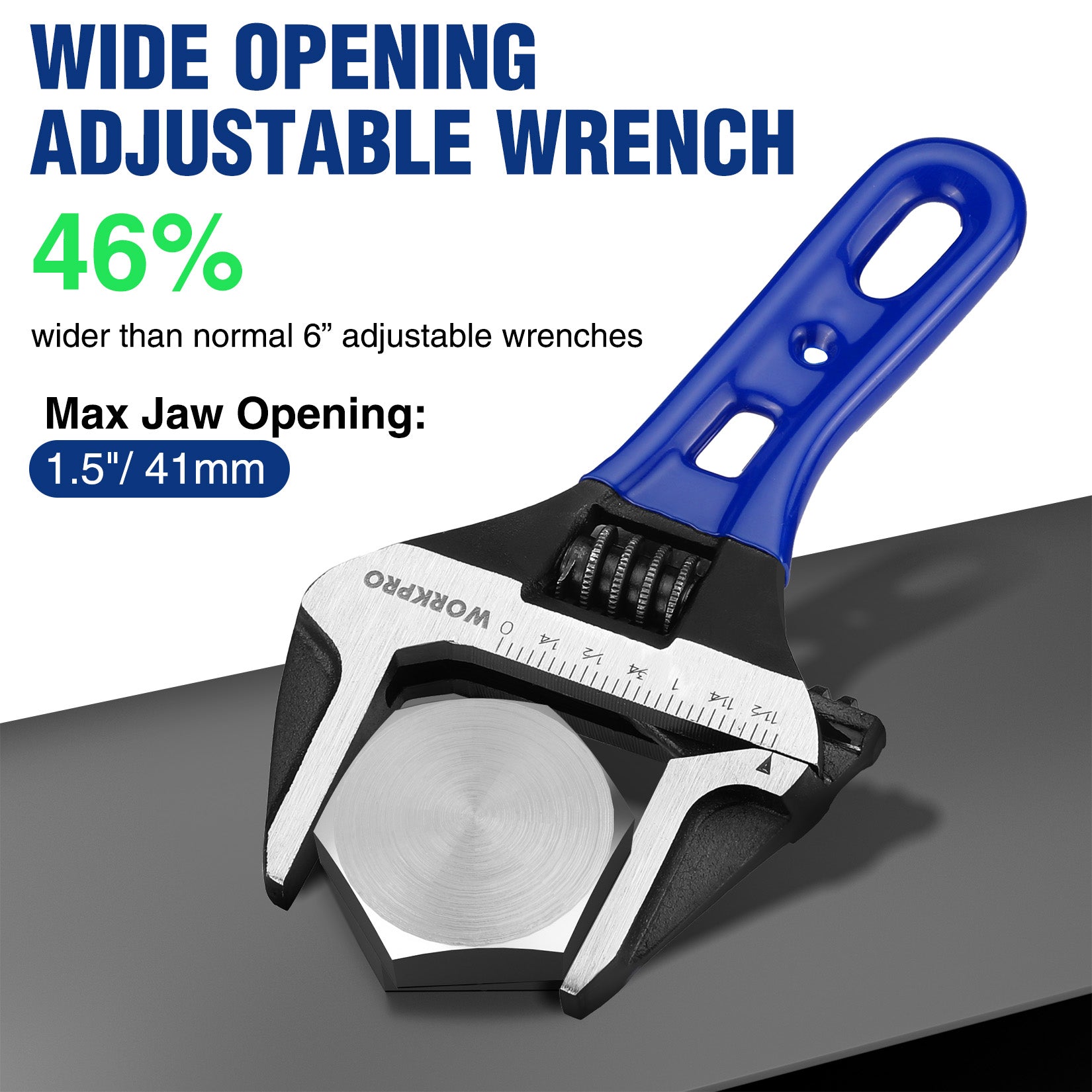 Blue adjustable wrench with wide opening jaw and engraved measurement scale