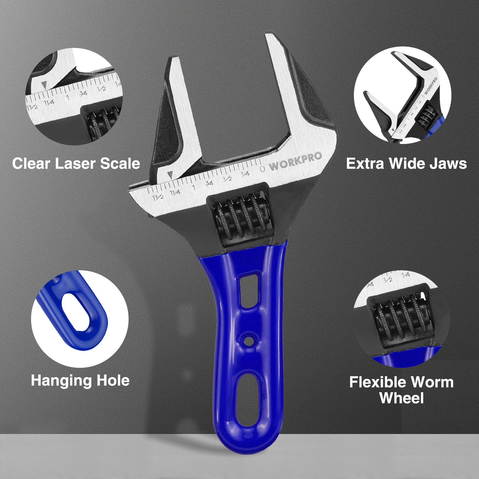 Blue-handled adjustable wrench with clear scale, hanging hole, and extra-wide jaws