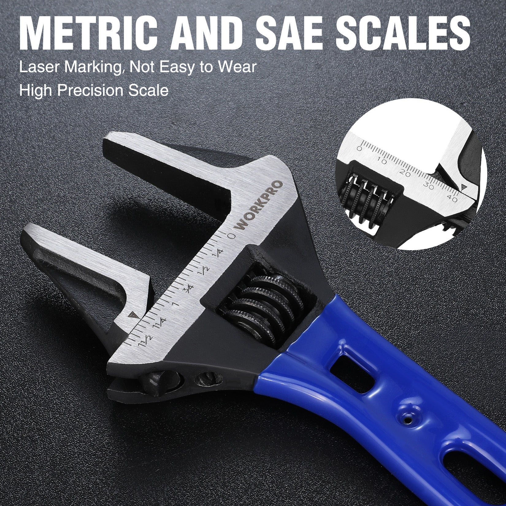 Adjustable wrench with metric and SAE markings on the jaw and black adjuster wheel