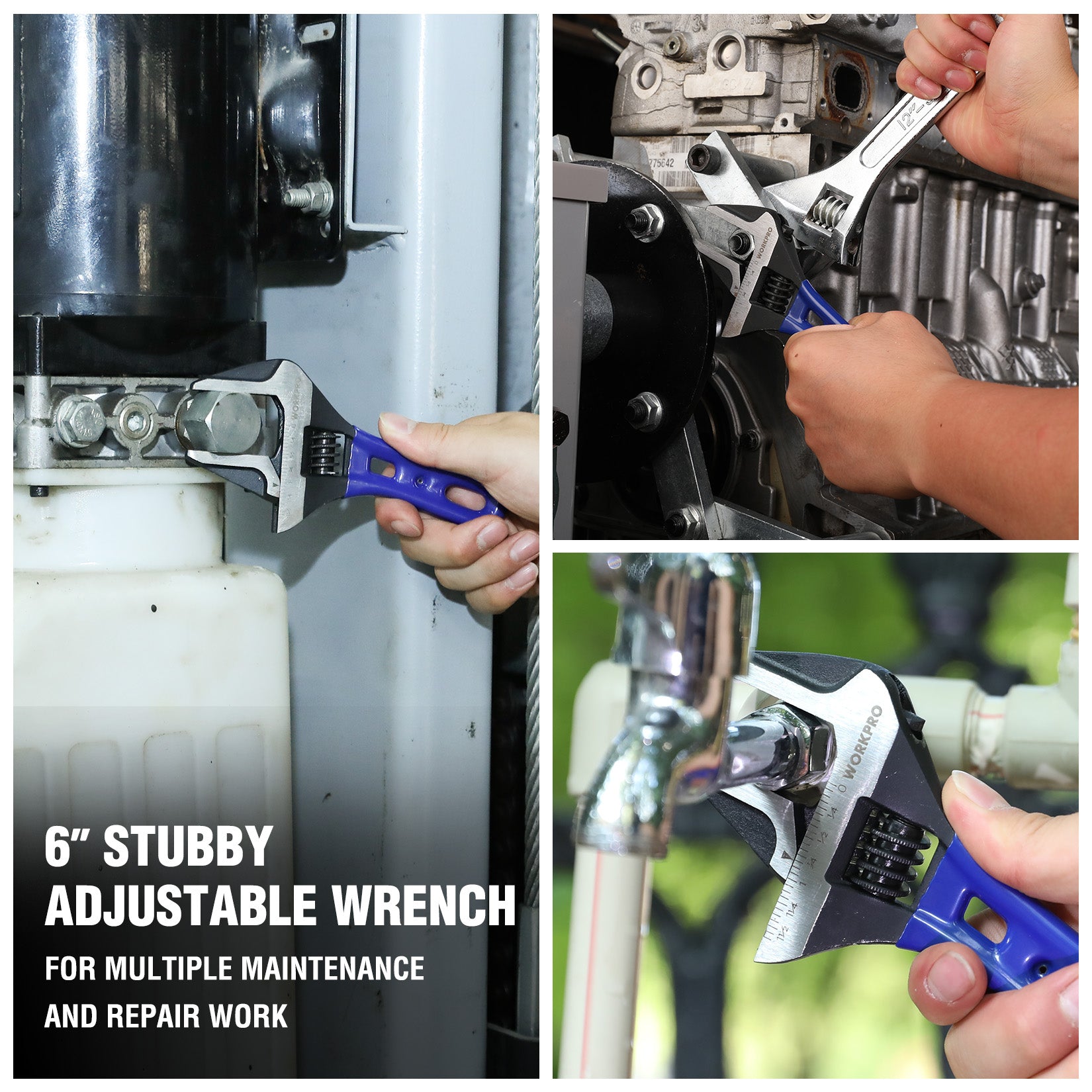 Stubby adjustable wrench in use on machinery, blue handle with toothed jaw adjuster