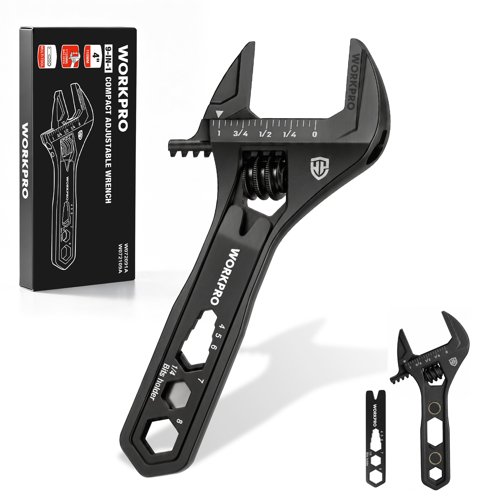 WORKPRO 4" Adjustable Wrench Wide Jaw Opening, 9-in-1 Mini Wrench Multitool