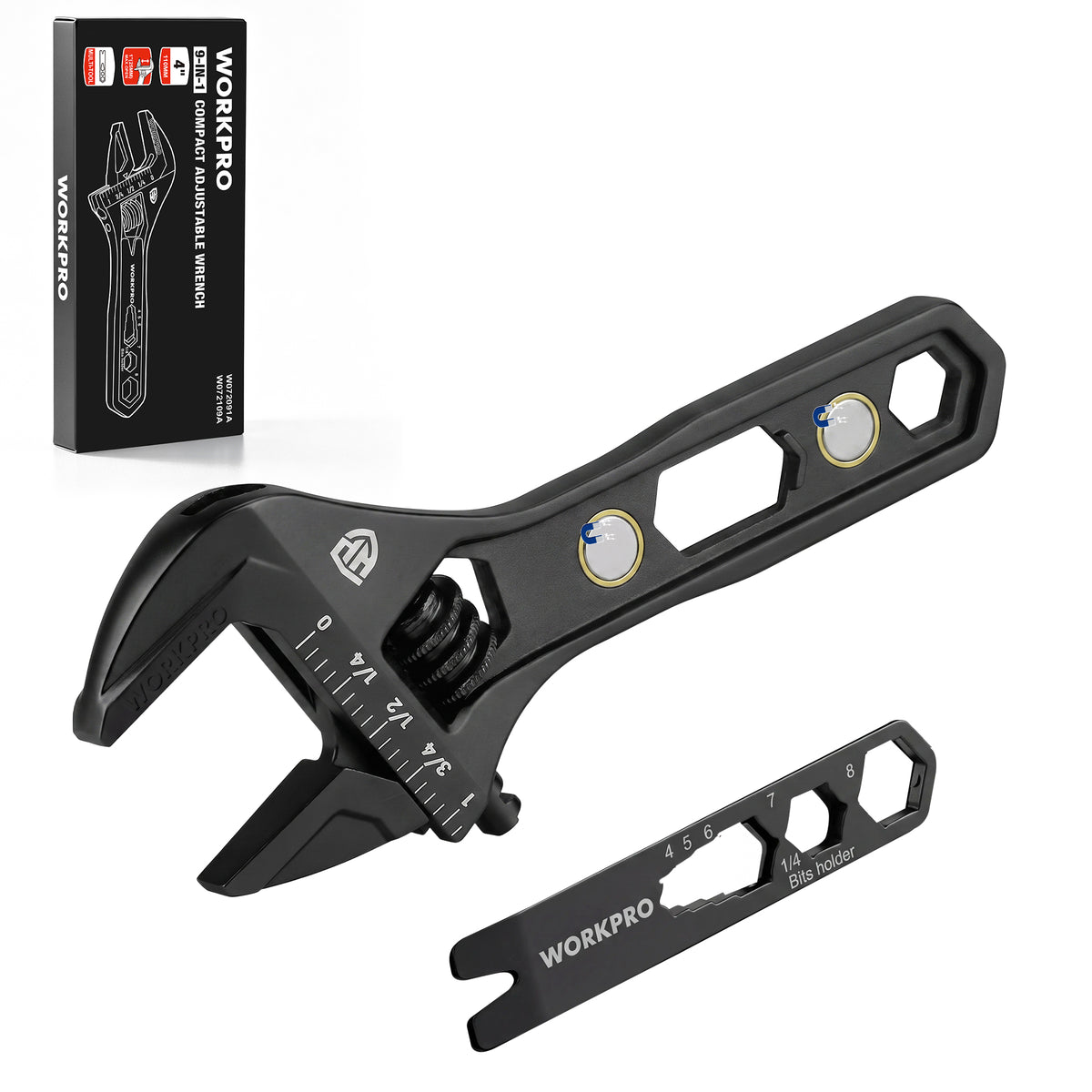 WORKPRO 4" Adjustable Wrench Wide Jaw Opening, 9-in-1 Mini Wrench Multitool