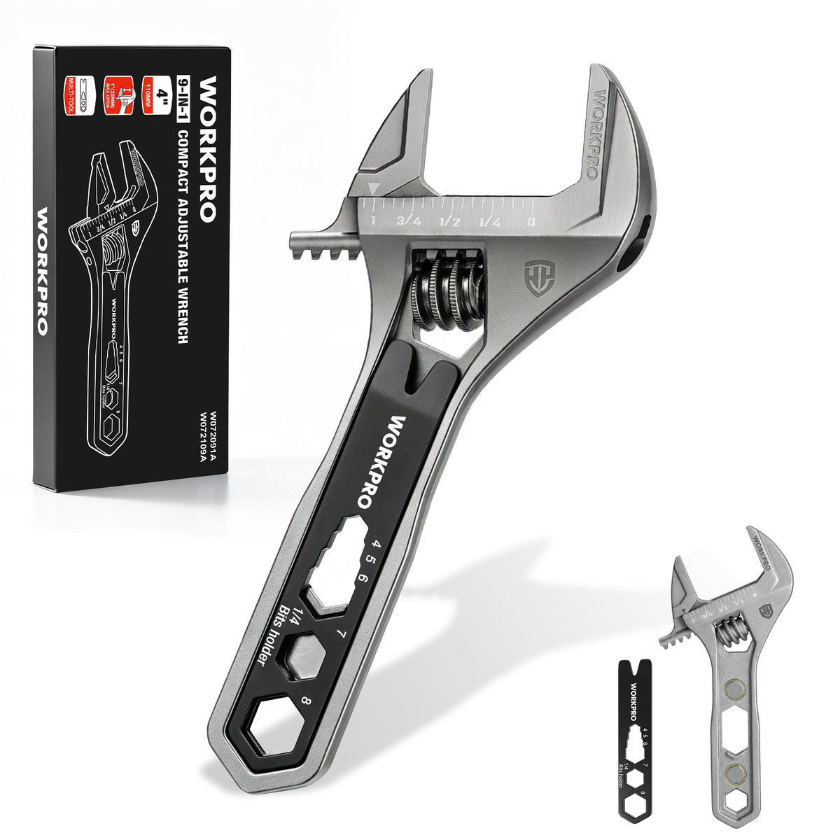 WORKPRO 4" Adjustable Wrench Wide Jaw Opening, 9-in-1 Mini Wrench Multitool