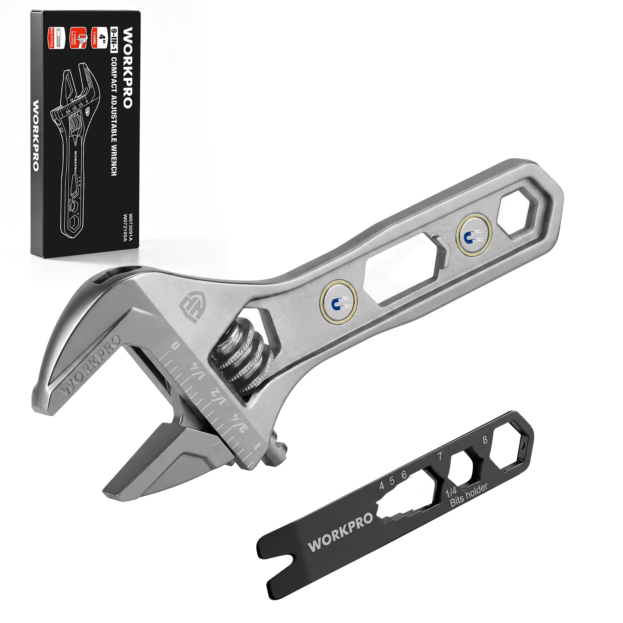 WORKPRO 4" Adjustable Wrench Wide Jaw Opening, 9-in-1 Mini Wrench Multitool