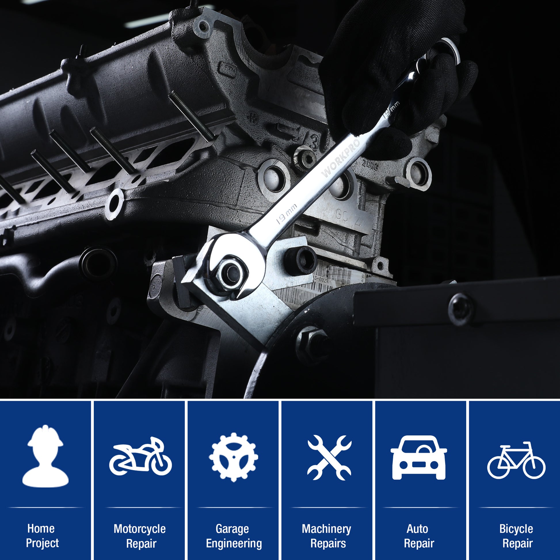 WORKPRO 19mm ratcheting wrench in chrome vanadium steel with innovation, quality, and secure grip