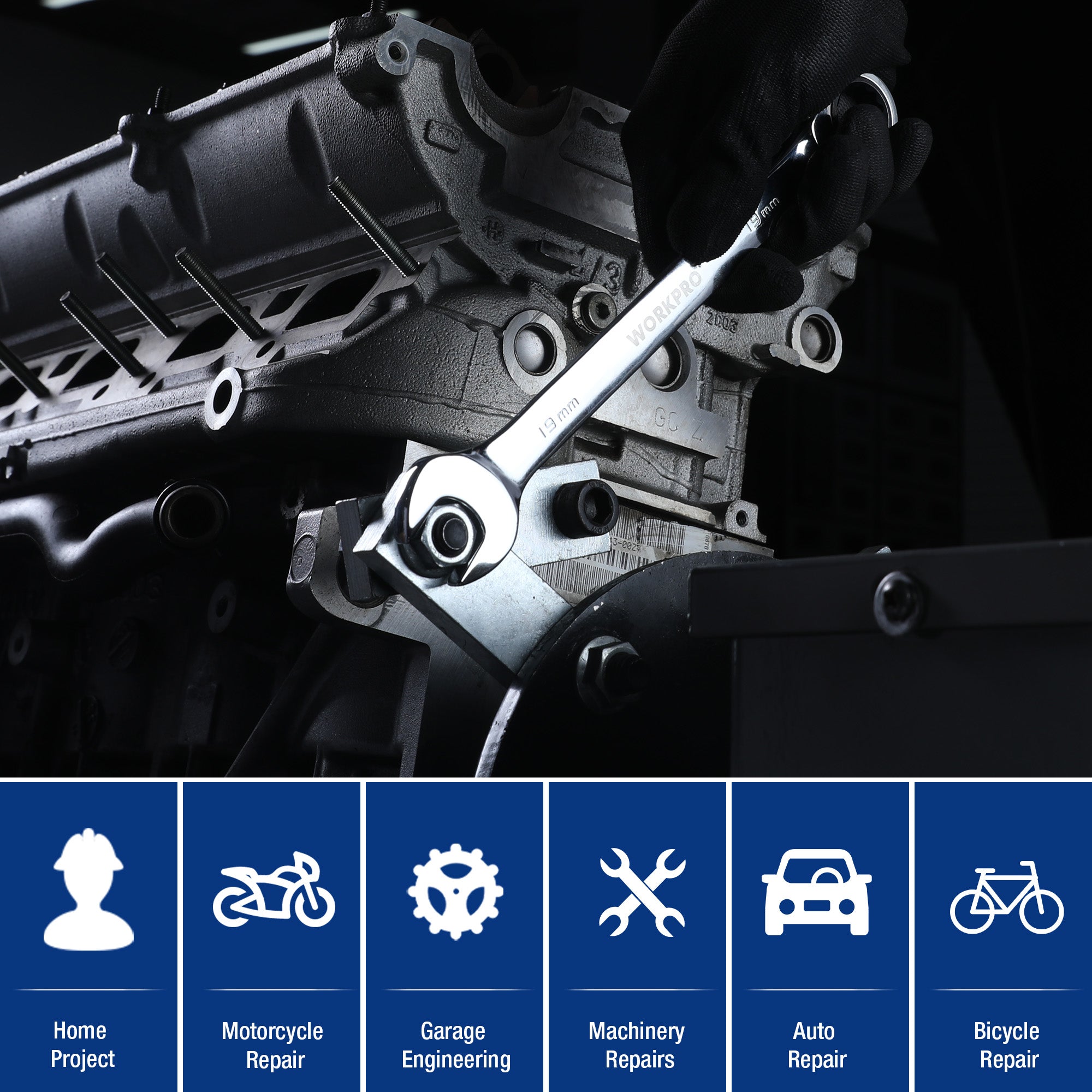 WORKPRO 19mm ratcheting wrench in chrome vanadium steel with innovation, quality, and secure grip
