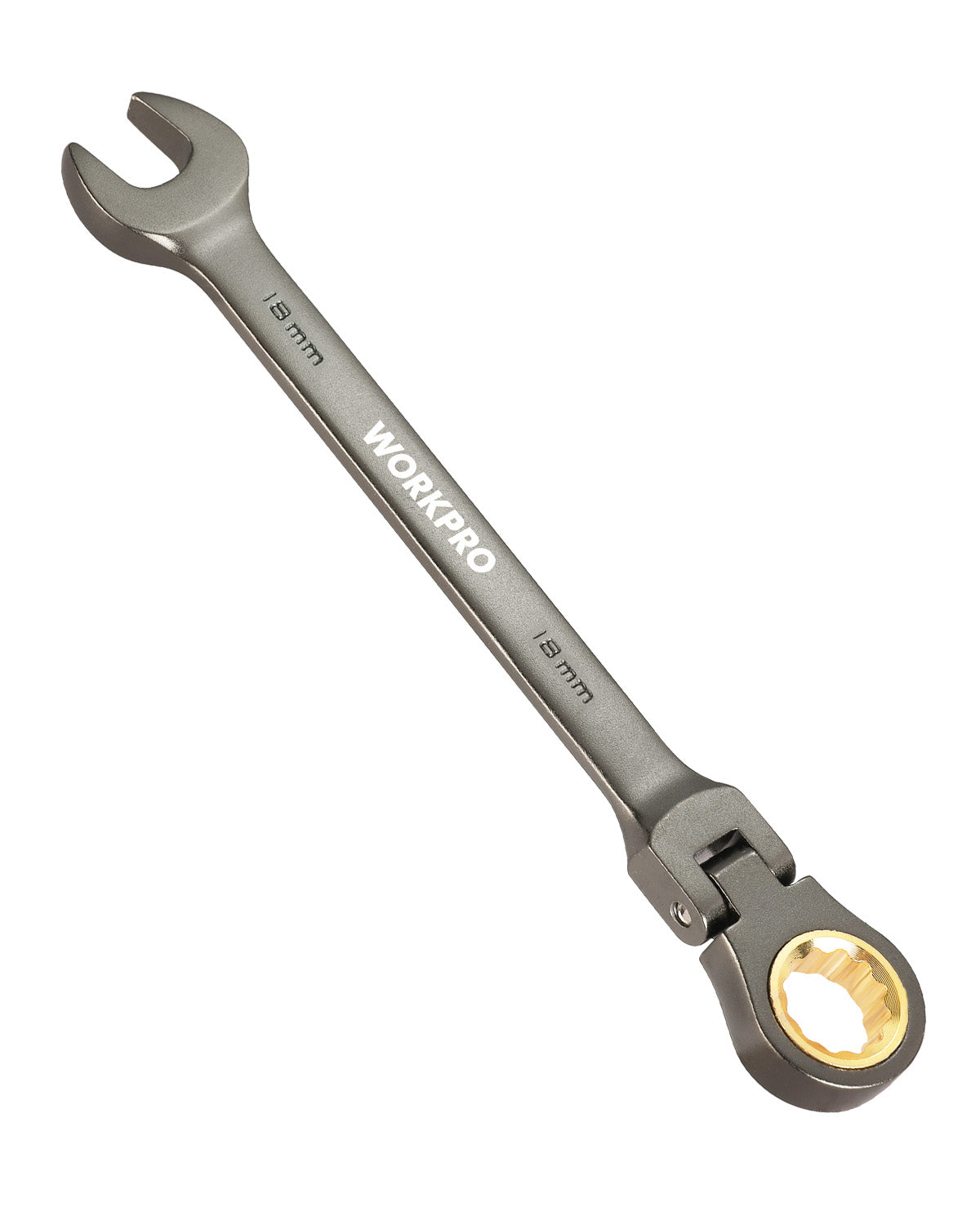 WORKPRO 18 mm Flex-Head Ratcheting Combination Wrench, Cr-V Constructed, Nickel Plating, 72-Teeth, 12 Point Design, Metric