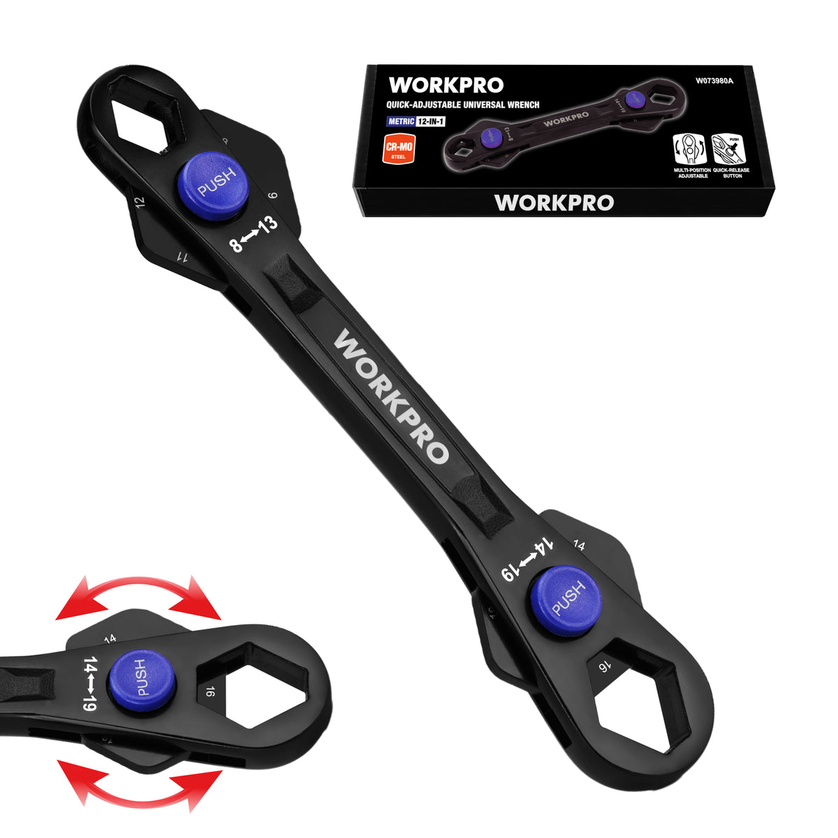 WORKPRO 12-in-1 Universal Wrench, Metric 8-19mm Adjustable Wrench with Heat-Treated Cr-Mo Steel, ASME Standard, Multi-Position Head, Multi-Size Compact Spanner for Mechanics, Cars, and Motorcycles