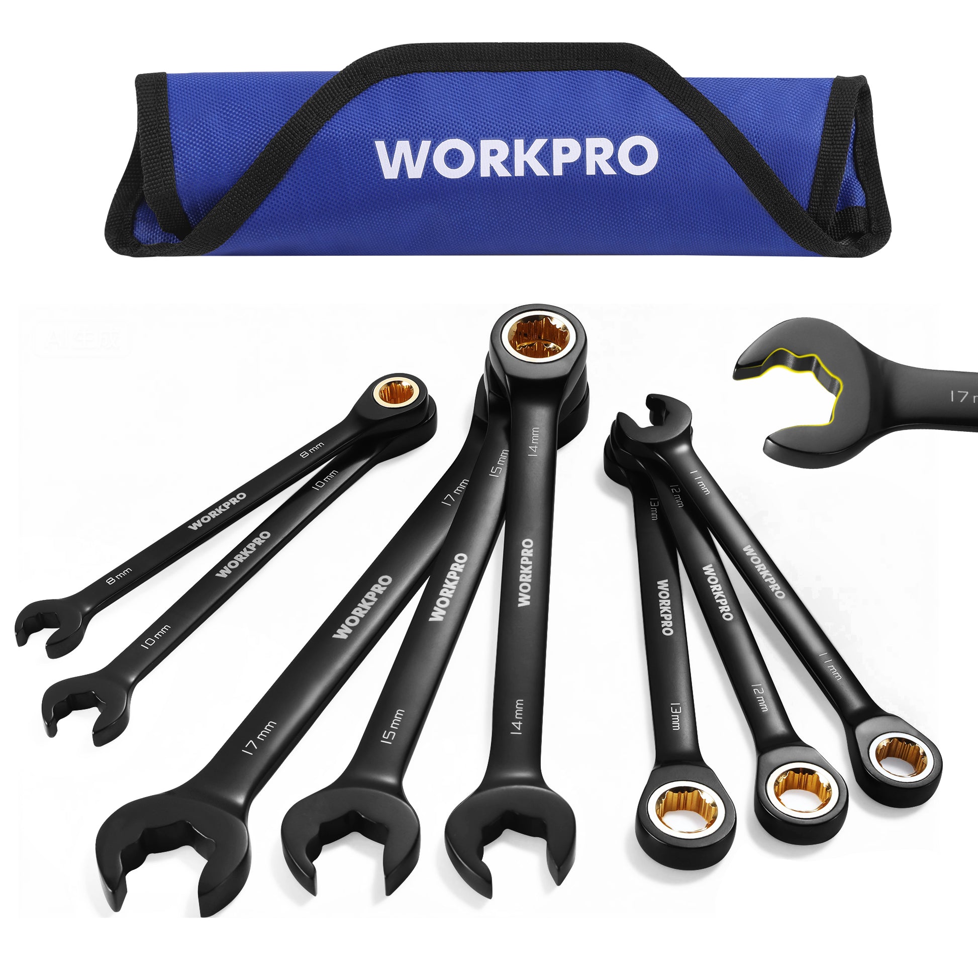 WORKPRO Upgraded 8-piece anti-slip ratcheting combination wrench set in black with secure durable quality and convenient use