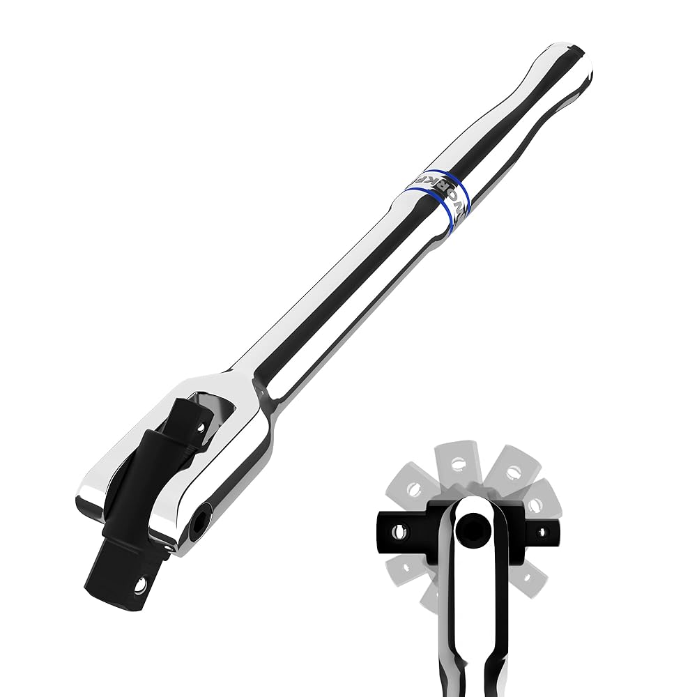 Chrome breaker bar with black dual-drive head and socket adapter set