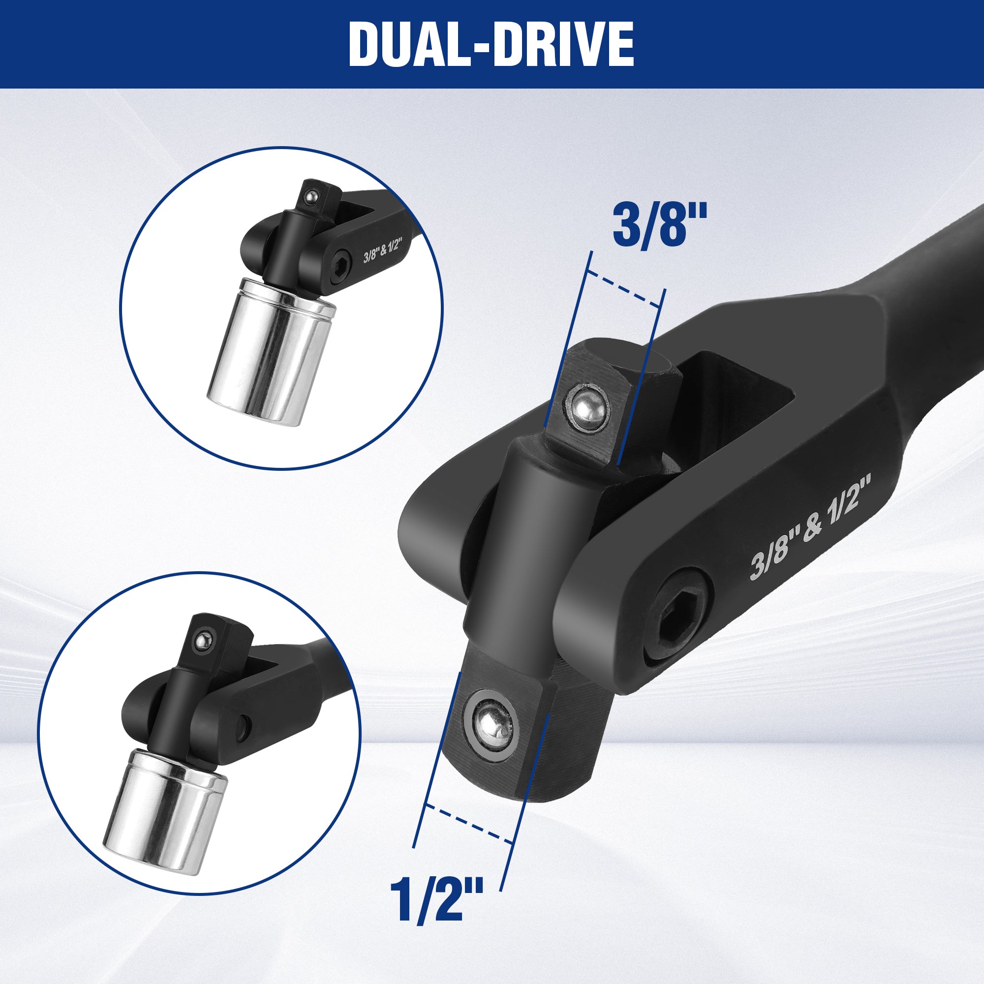 Dual-drive breaker bar head showing 3/8 in and 1/2 in drive sockets