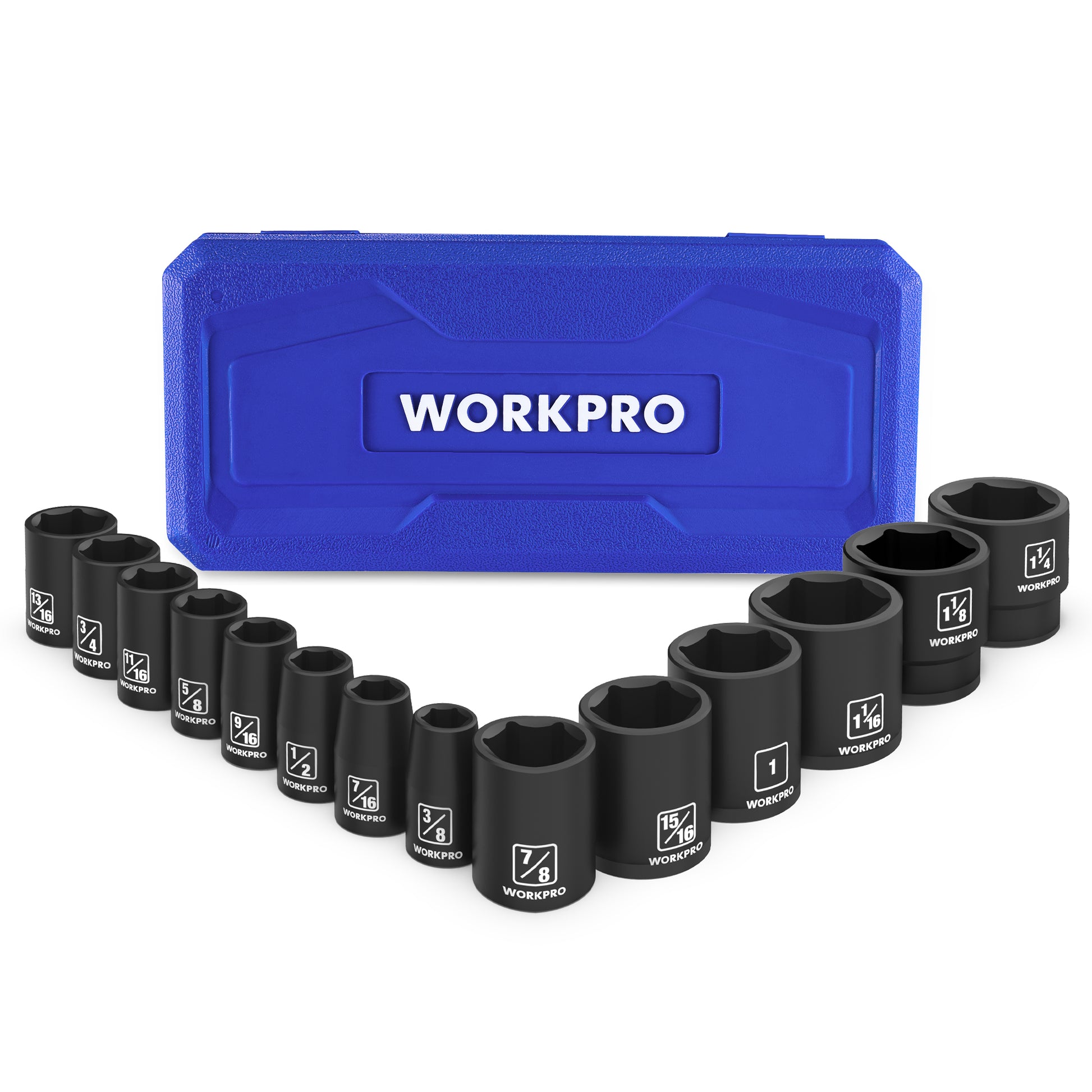 Black 1/2 in drive shallow impact socket set with blue storage case and size labels
