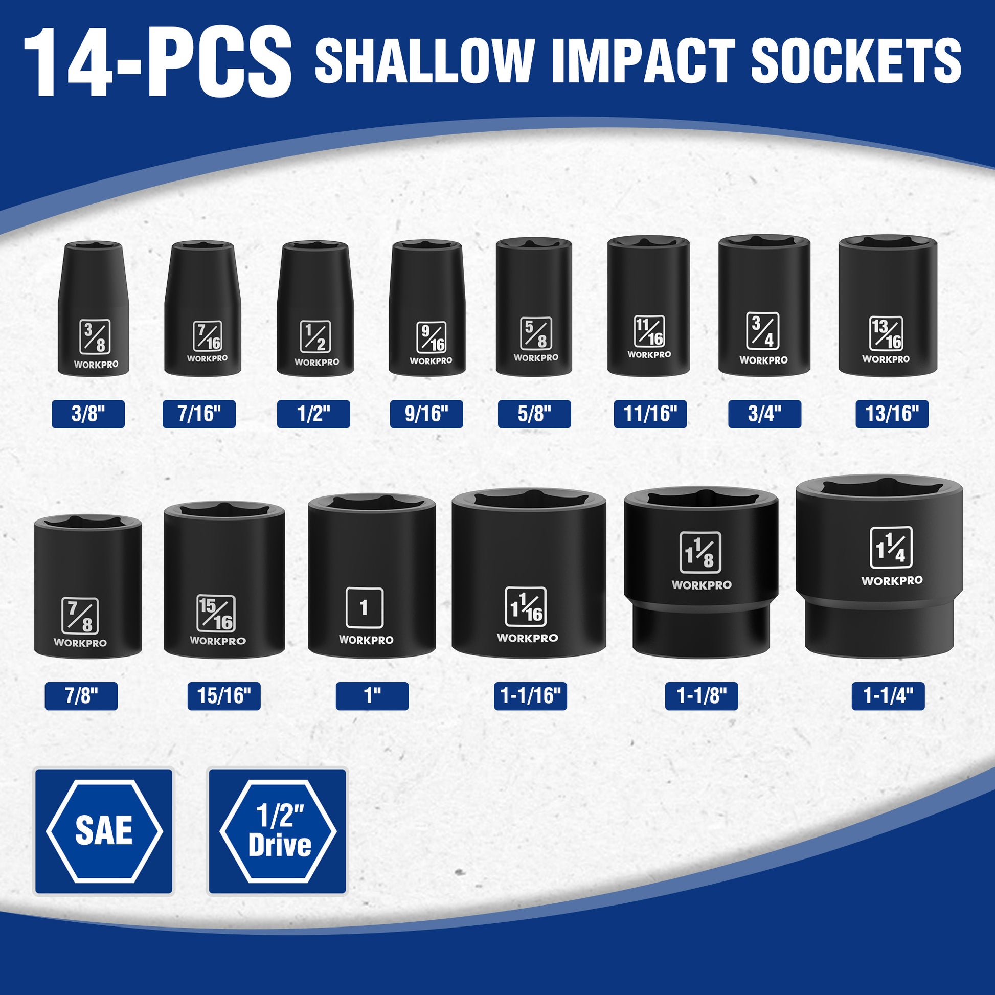 Black shallow impact sockets, 6-point 1/2 in drive, assorted SAE sizes