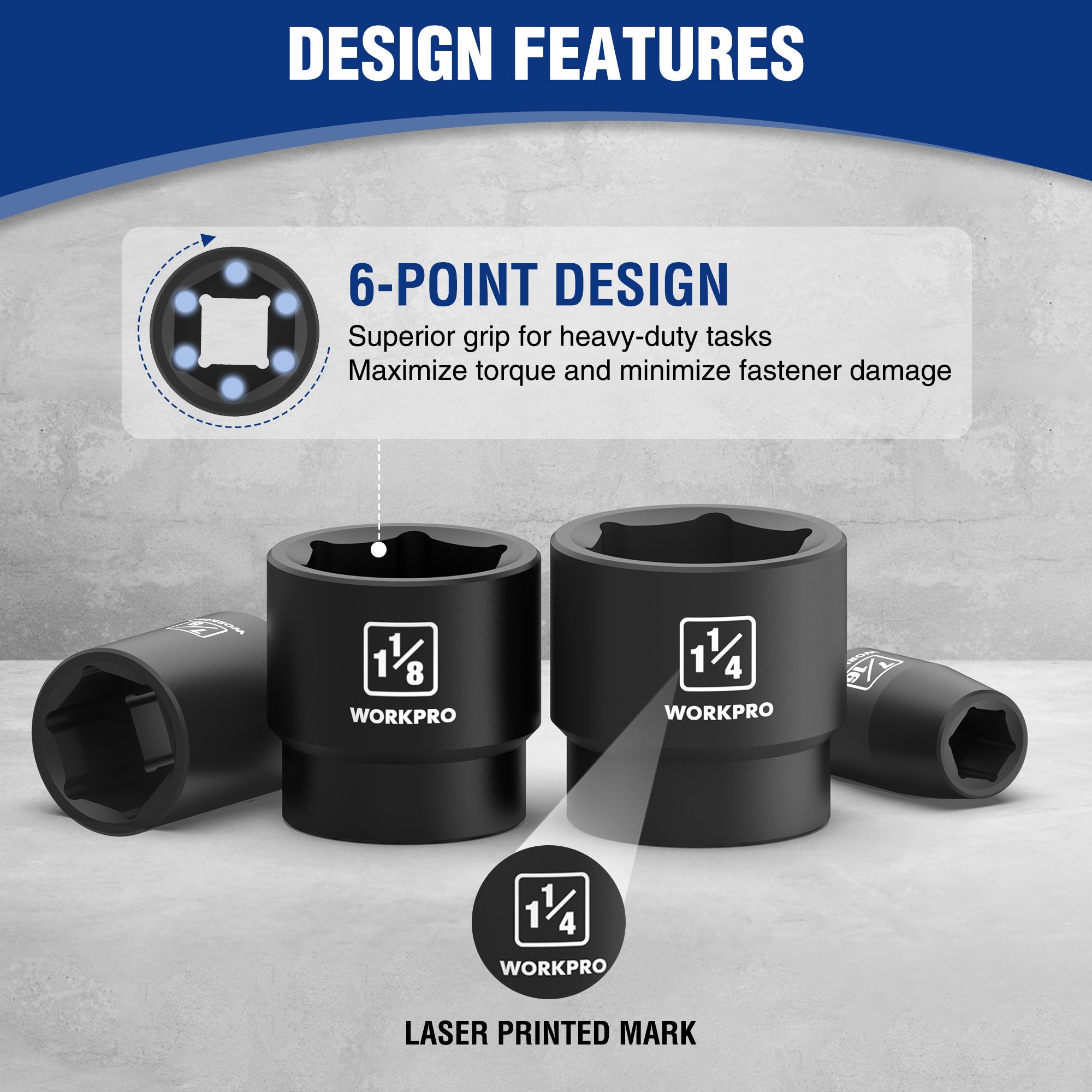 Black 6-point shallow impact sockets with laser-printed size markings