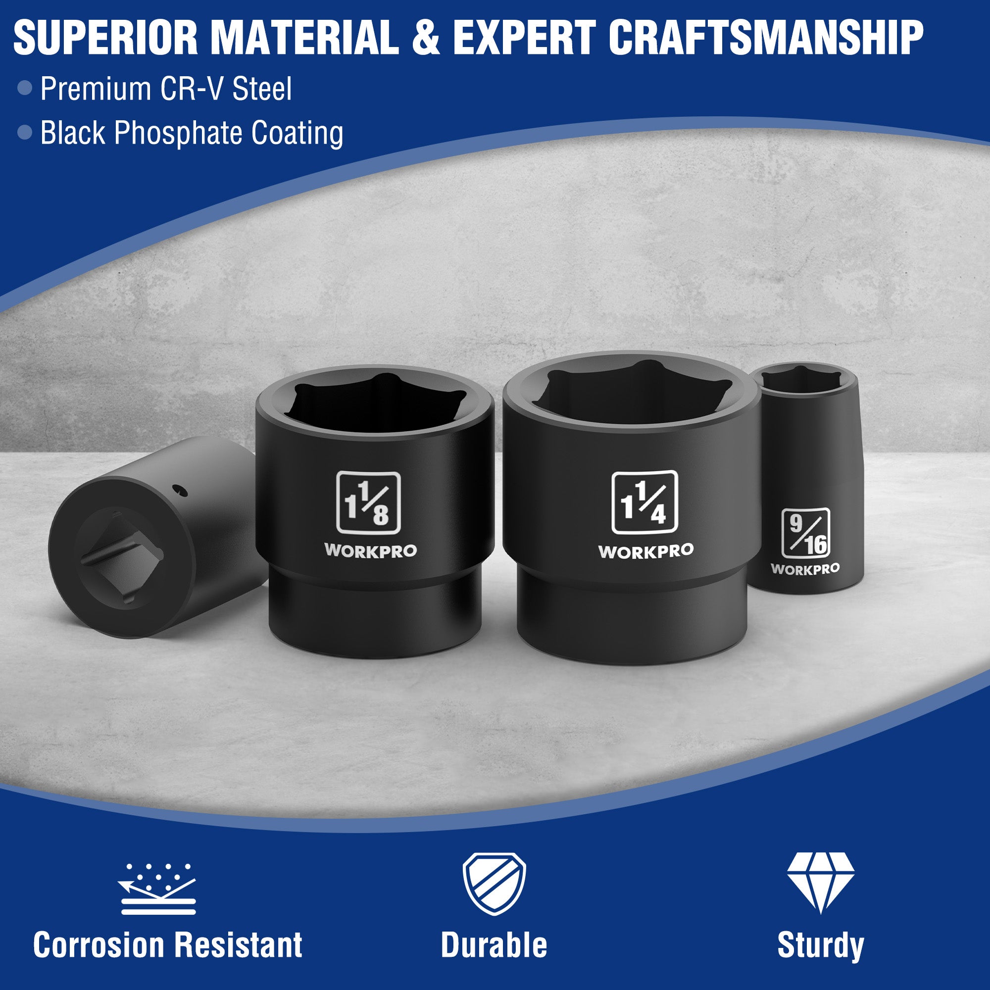 Black CR-V steel shallow impact sockets with black phosphate coating
