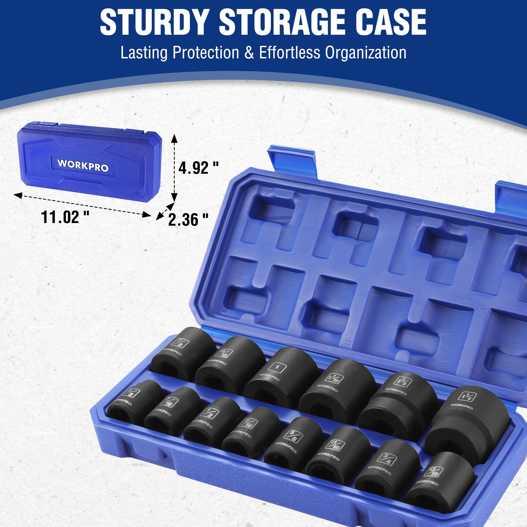 Blue storage case with molded tray holding black shallow impact sockets