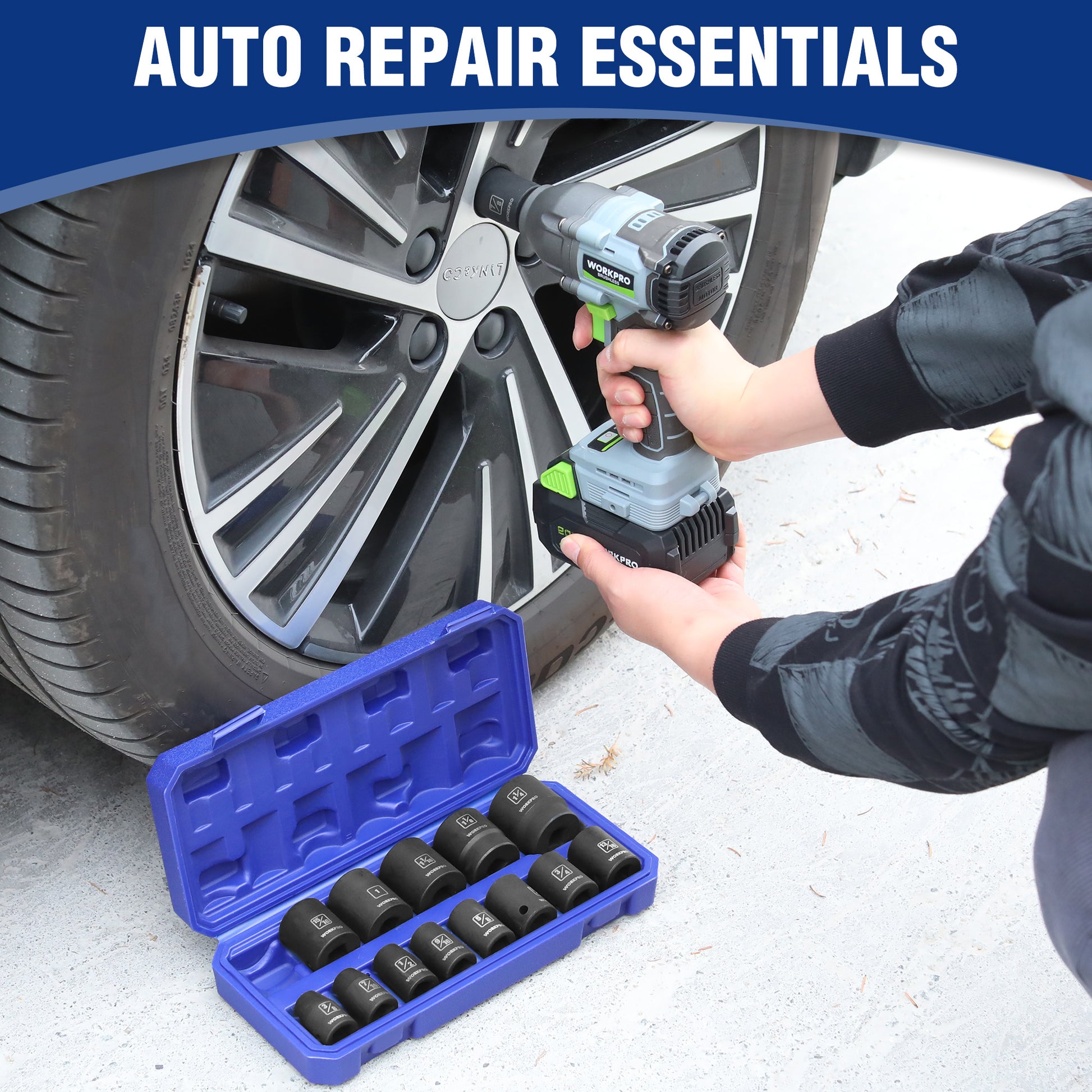 Shallow impact socket set in blue case used on a car wheel lug bolt