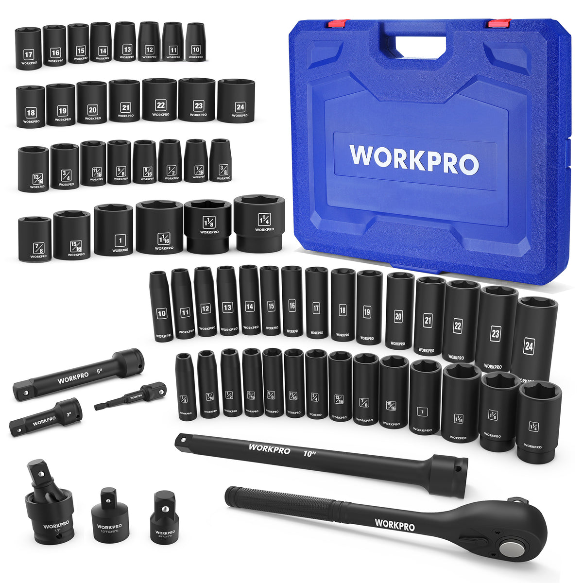 WORKPRO 65PCS 1/2” Drive Impact Socket Set, SAE&Metric Deep & Shallow Kit