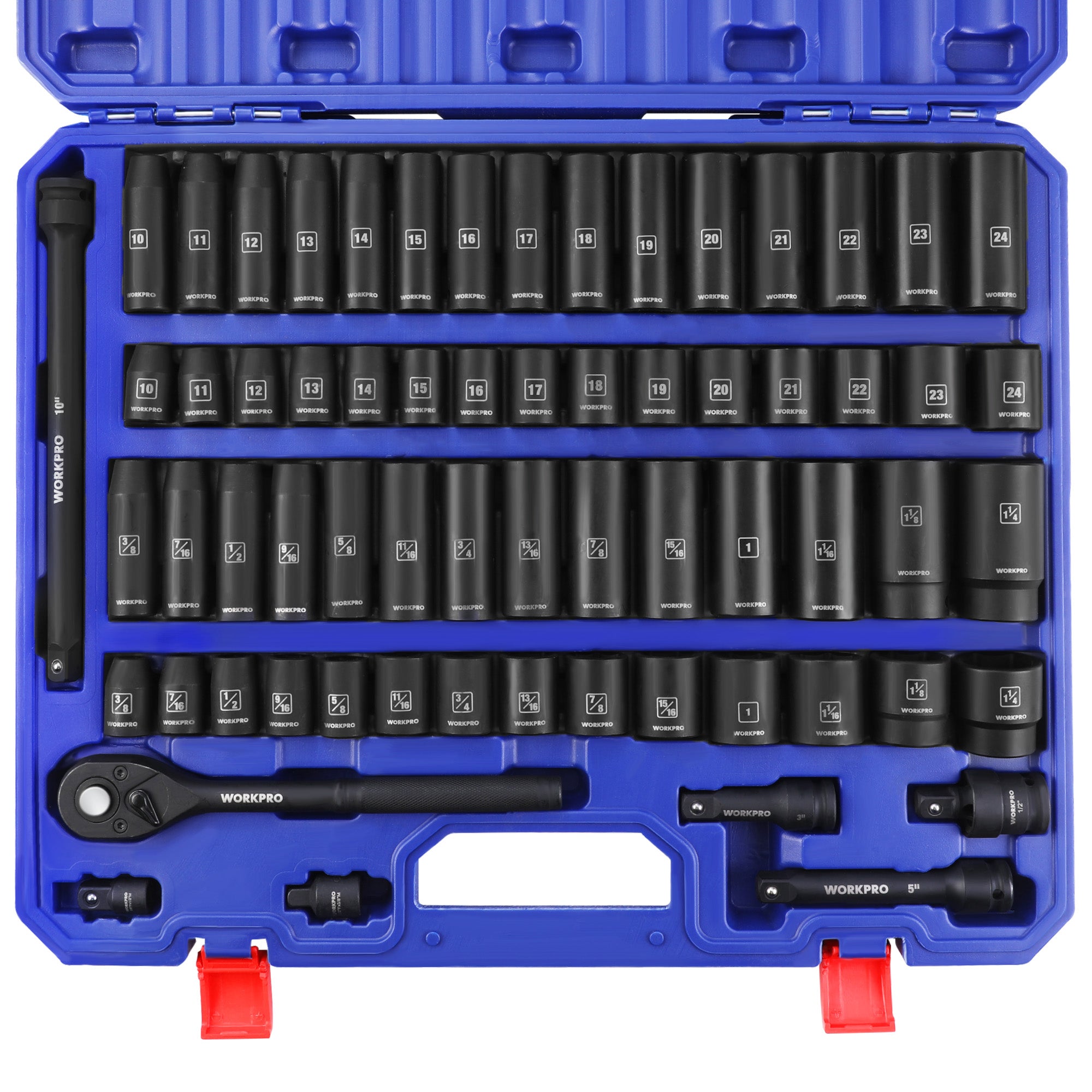 WORKPRO 1/2-inch drive deep and shallow impact socket set in blue case