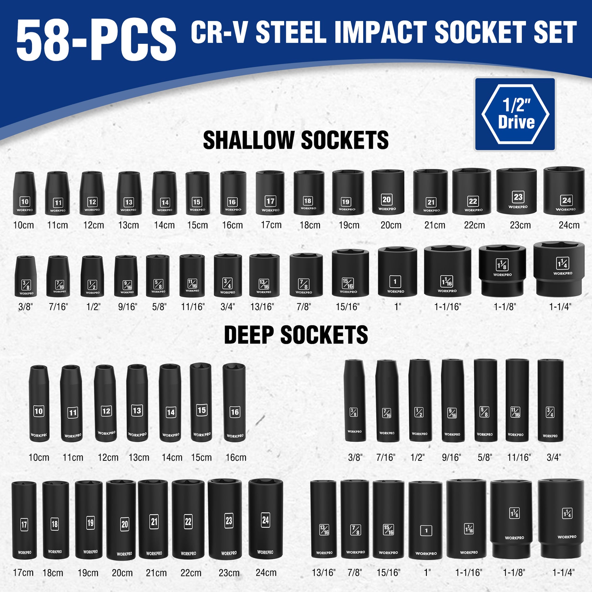 58-pc CR-V steel impact socket set chart with shallow and deep black sockets