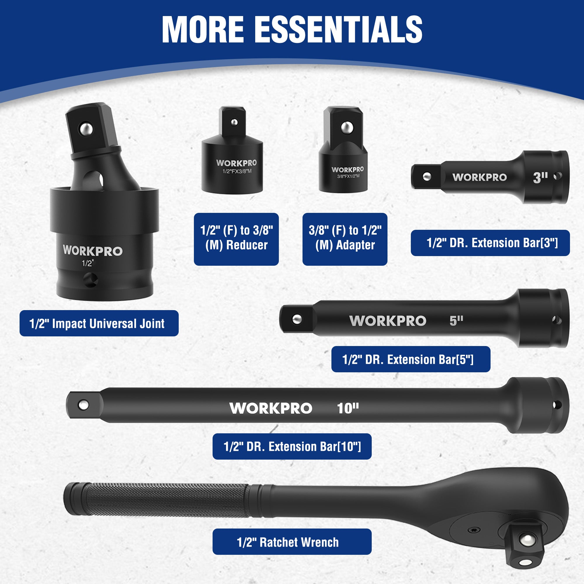 WORKPRO impact socket set accessories with extension bars, adapters, and universal joint