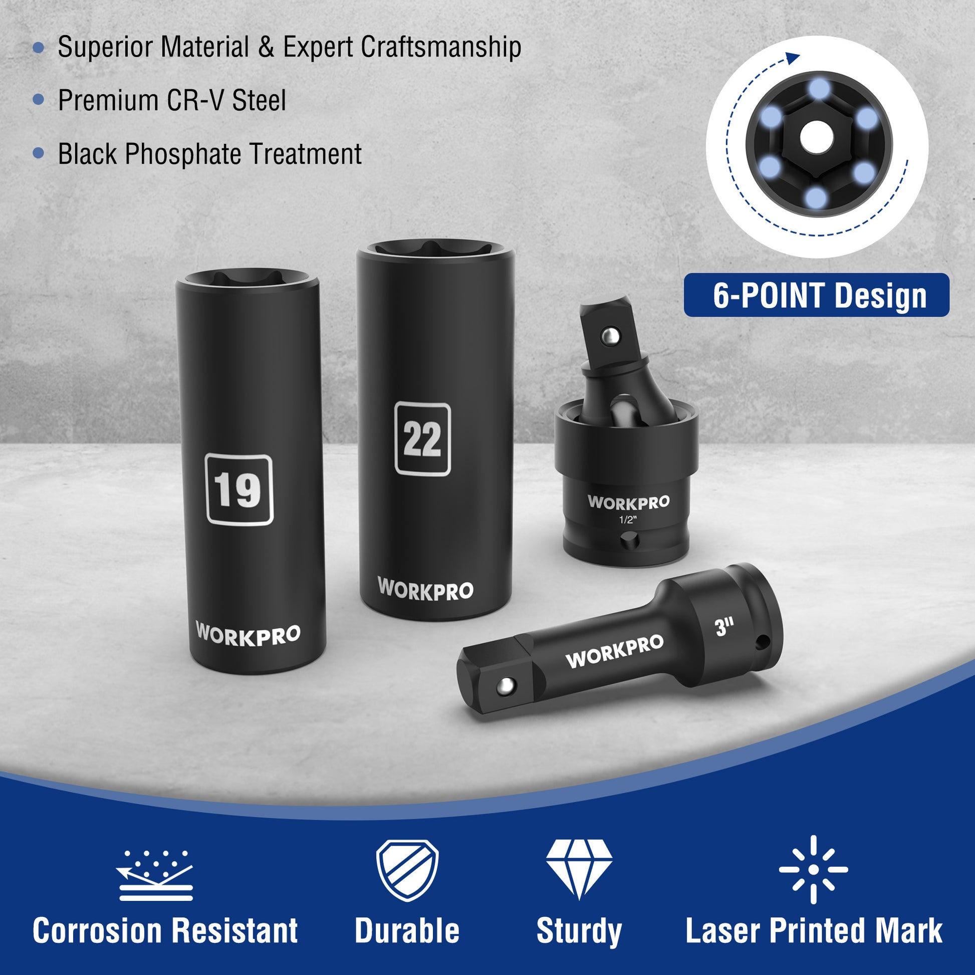 Black 6-point impact sockets and adapters with WORKPRO markings