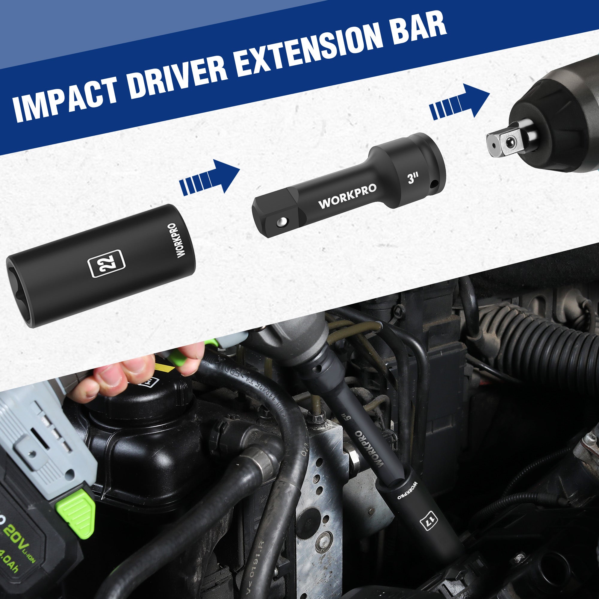 Impact driver extension bar, black 3-inch tool with socket adapter in use