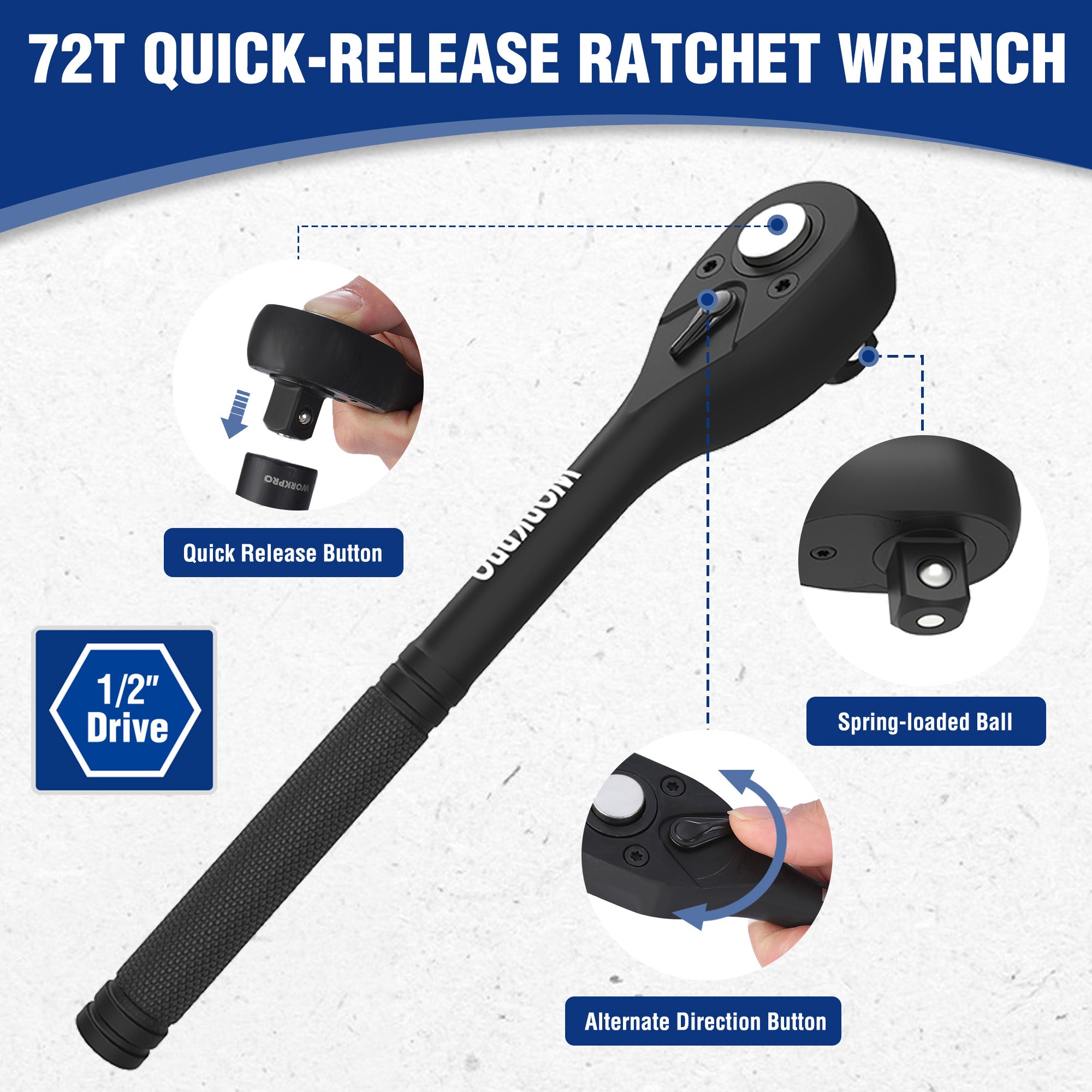 72T quick-release ratchet wrench, black, 1/2-inch drive with quick button