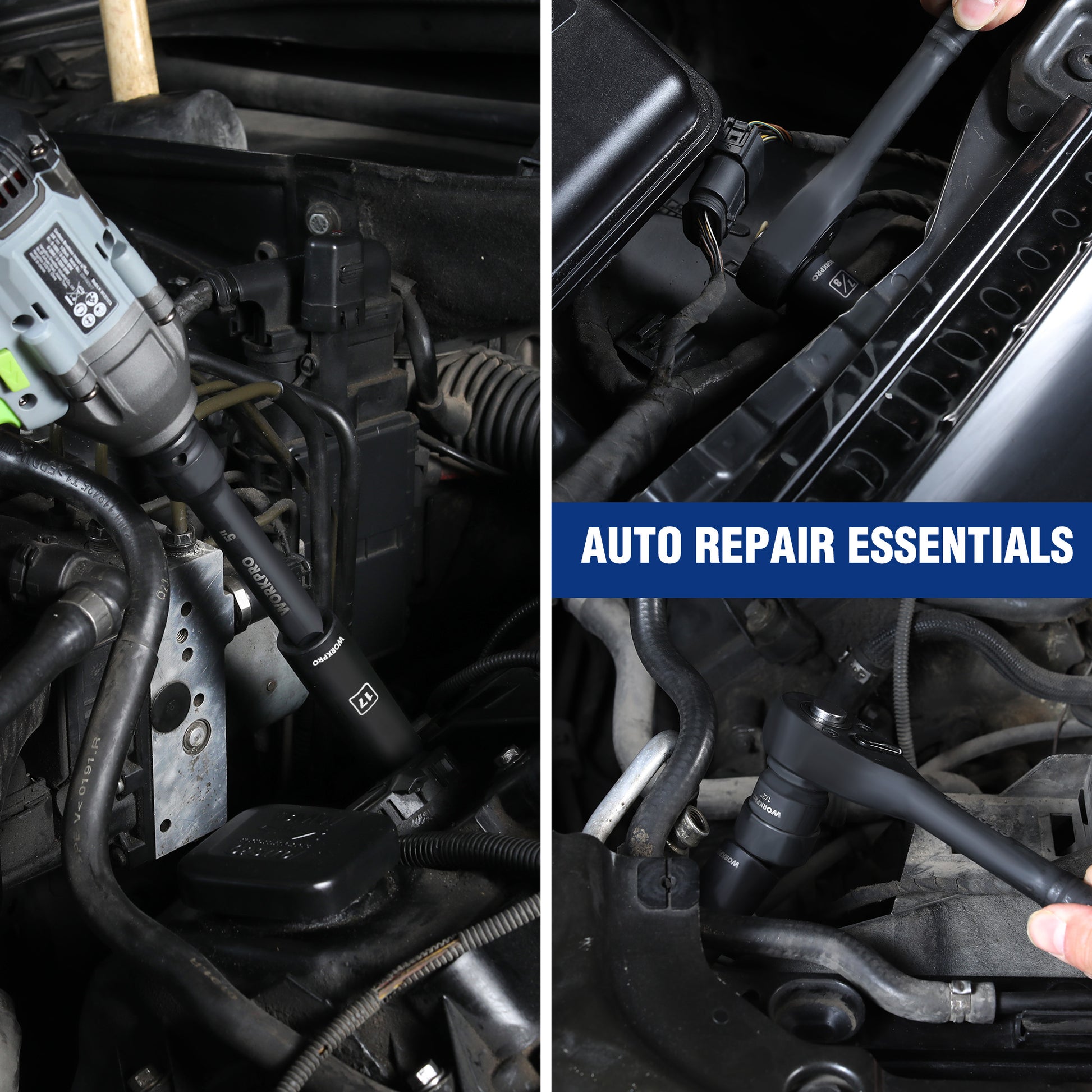 Automotive engine bay with impact socket tools and extension bar in tight space