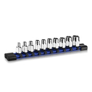 1/4 in drive metric socket set on a blue rail with chrome sockets in 4mm–13mm range
