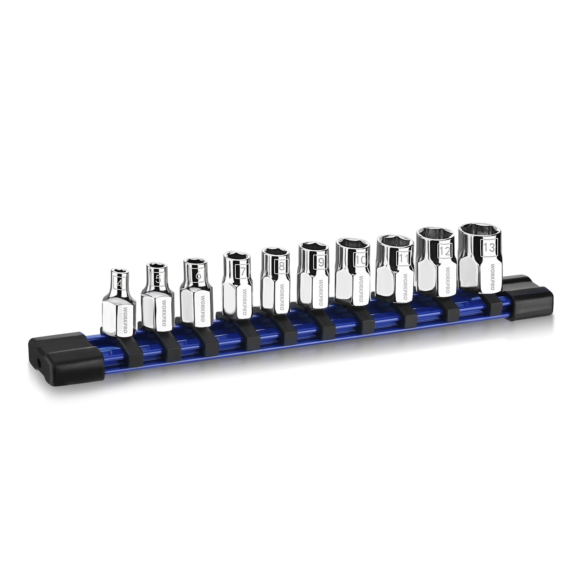 1/4 in drive metric socket set on a blue rail with chrome sockets in 4mm–13mm range