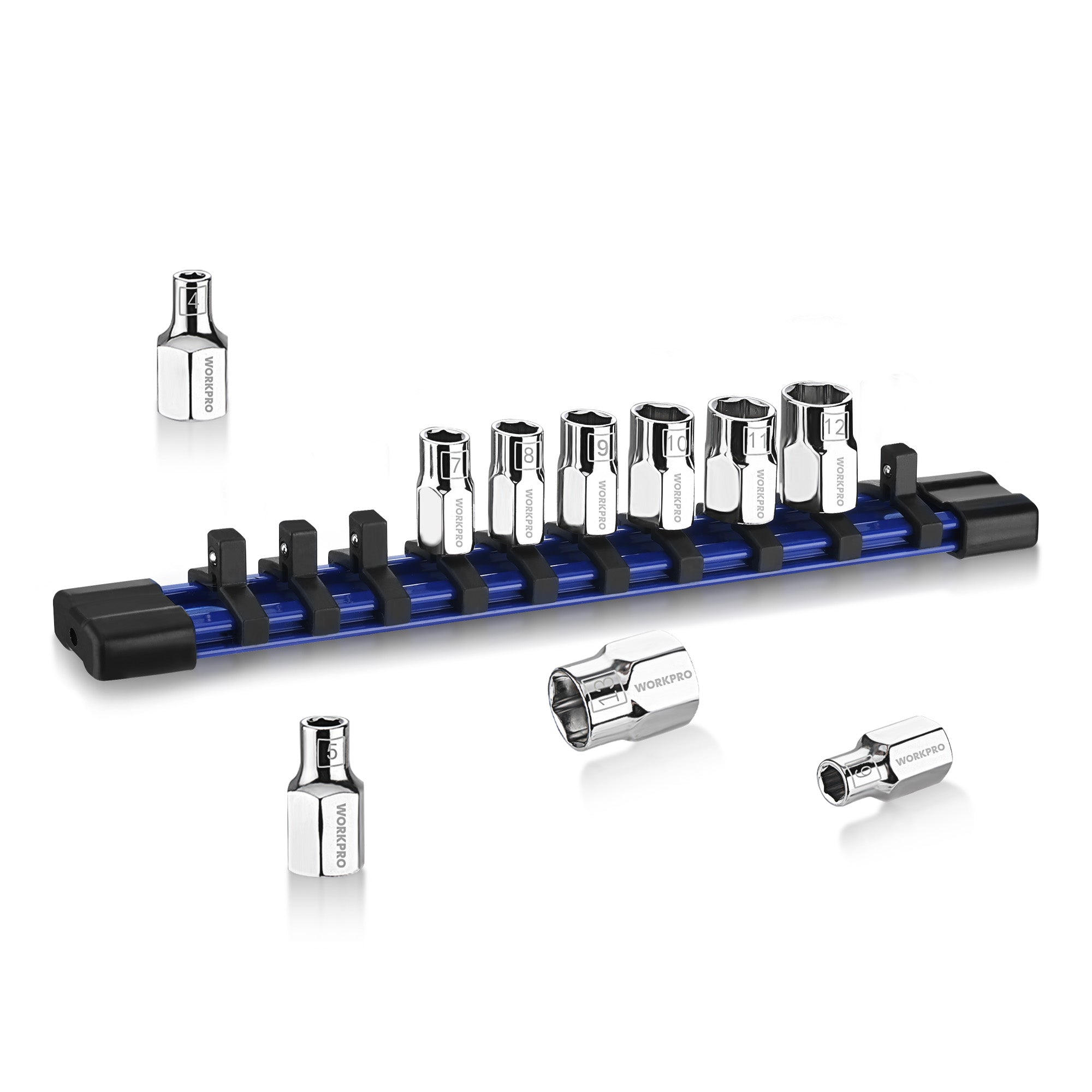 1/4 in drive metric socket set with blue rail and chrome sockets, standard and shallow