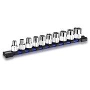 10-piece metric chrome socket set on blue rail, assorted 7–17 mm sizes