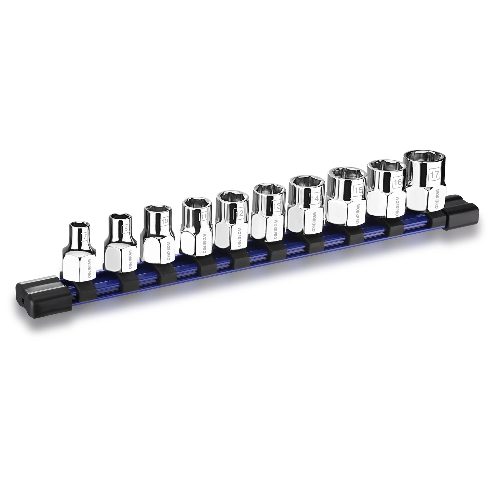10-piece metric chrome socket set on blue rail, assorted 7–17 mm sizes