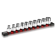3/8-in drive socket set with chrome sockets arranged on red-and-black rail