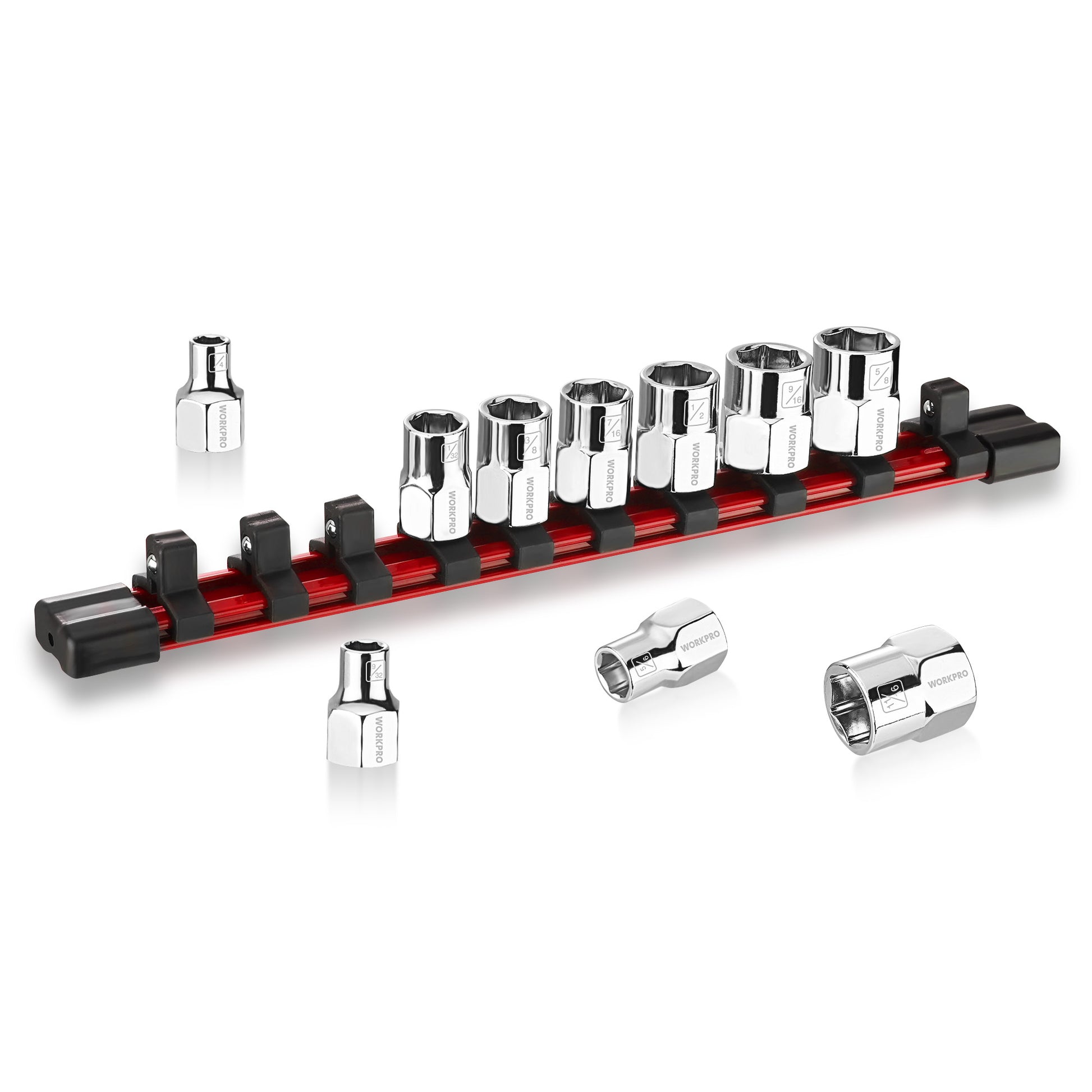 Chrome 3/8-in drive socket set on red rail with black end caps