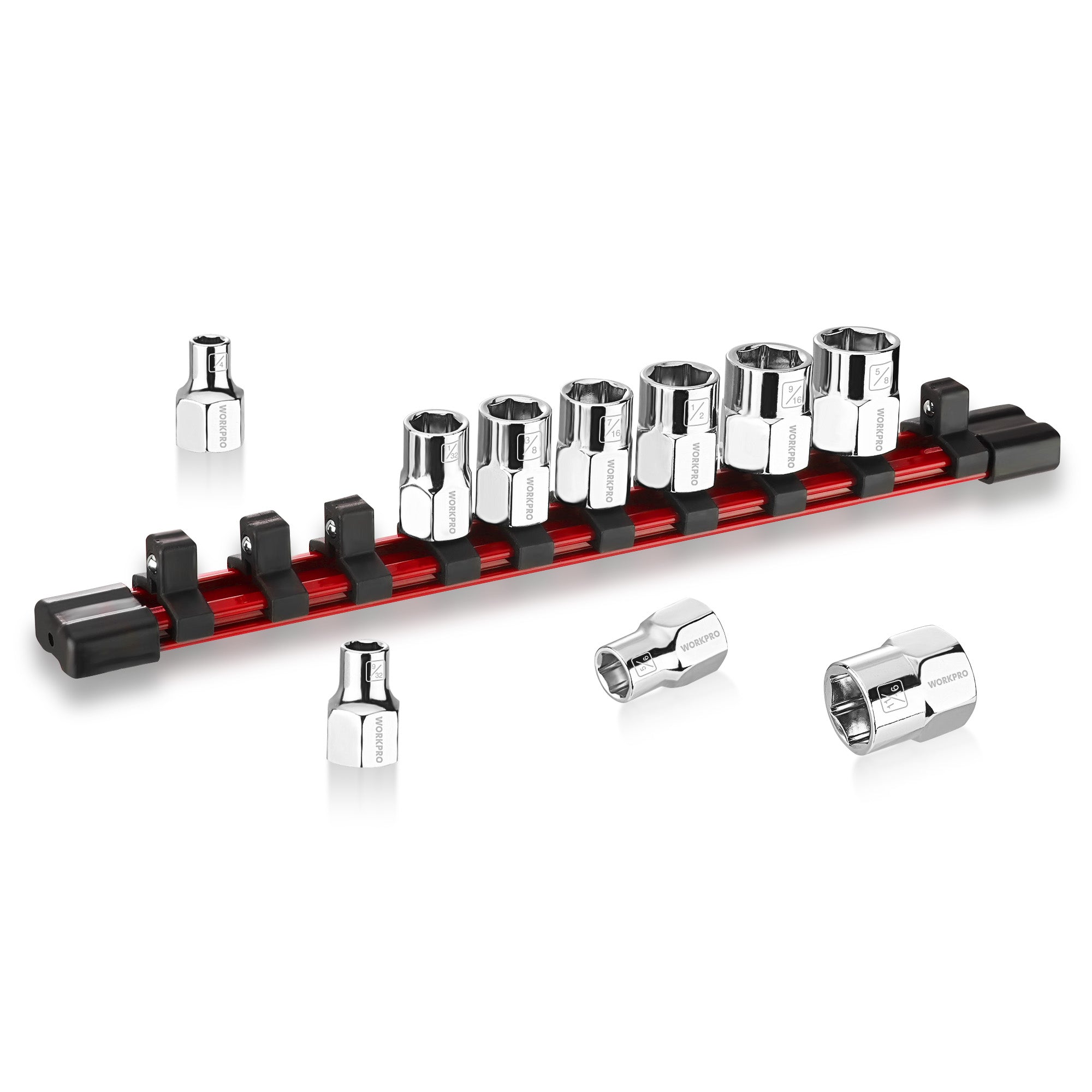 Chrome 3/8-in drive socket set on red rail with black end caps