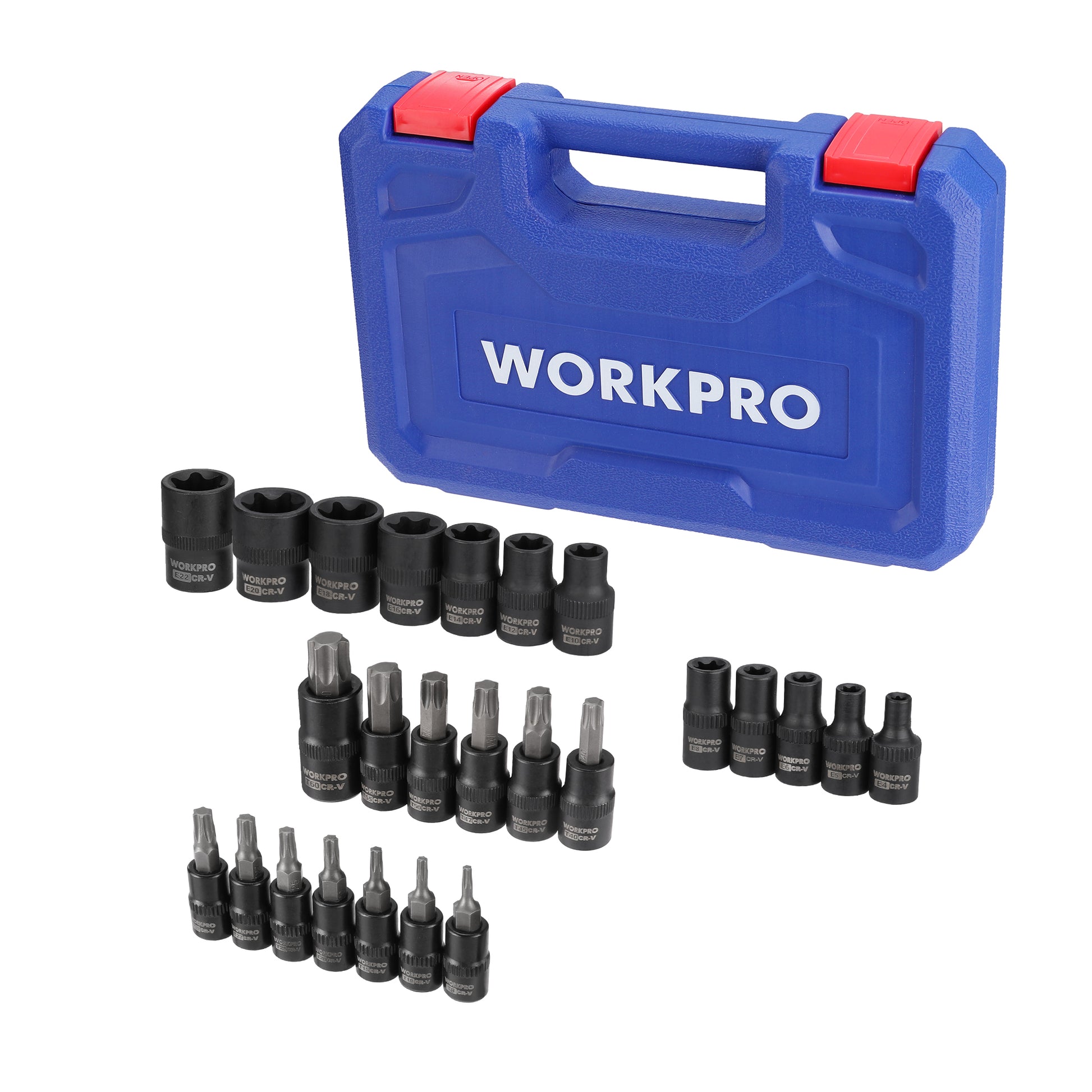 WORKPRO 25-Piece Torx Bit Socket Set with innovation, quality, durable black sockets in a blue case