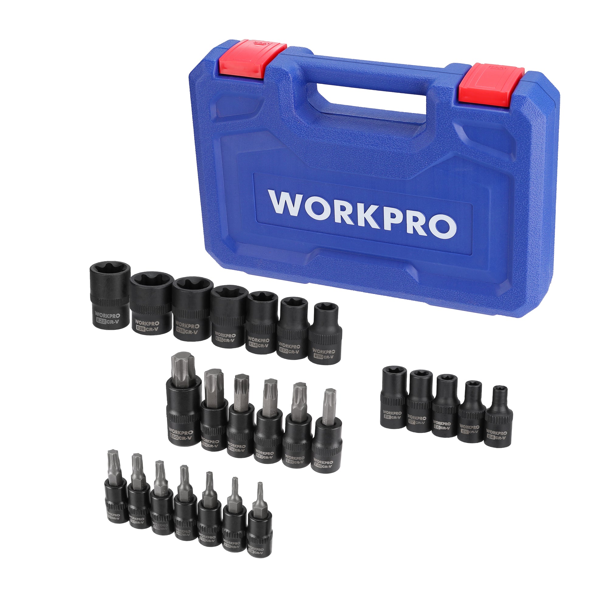 WORKPRO 25-Piece Torx Bit Socket Set with innovation, quality, durable black sockets in a blue case