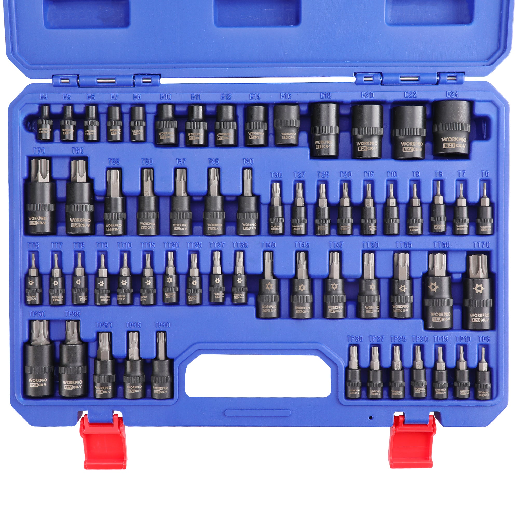 WORKPRO 60-piece Master Torx bit socket and external Torx socket set with black phosphate coated surfaces