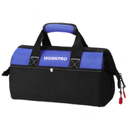 WORKPRO 13 inch wide mouth tool tote bag in blue and black with innovation quality secure durable design