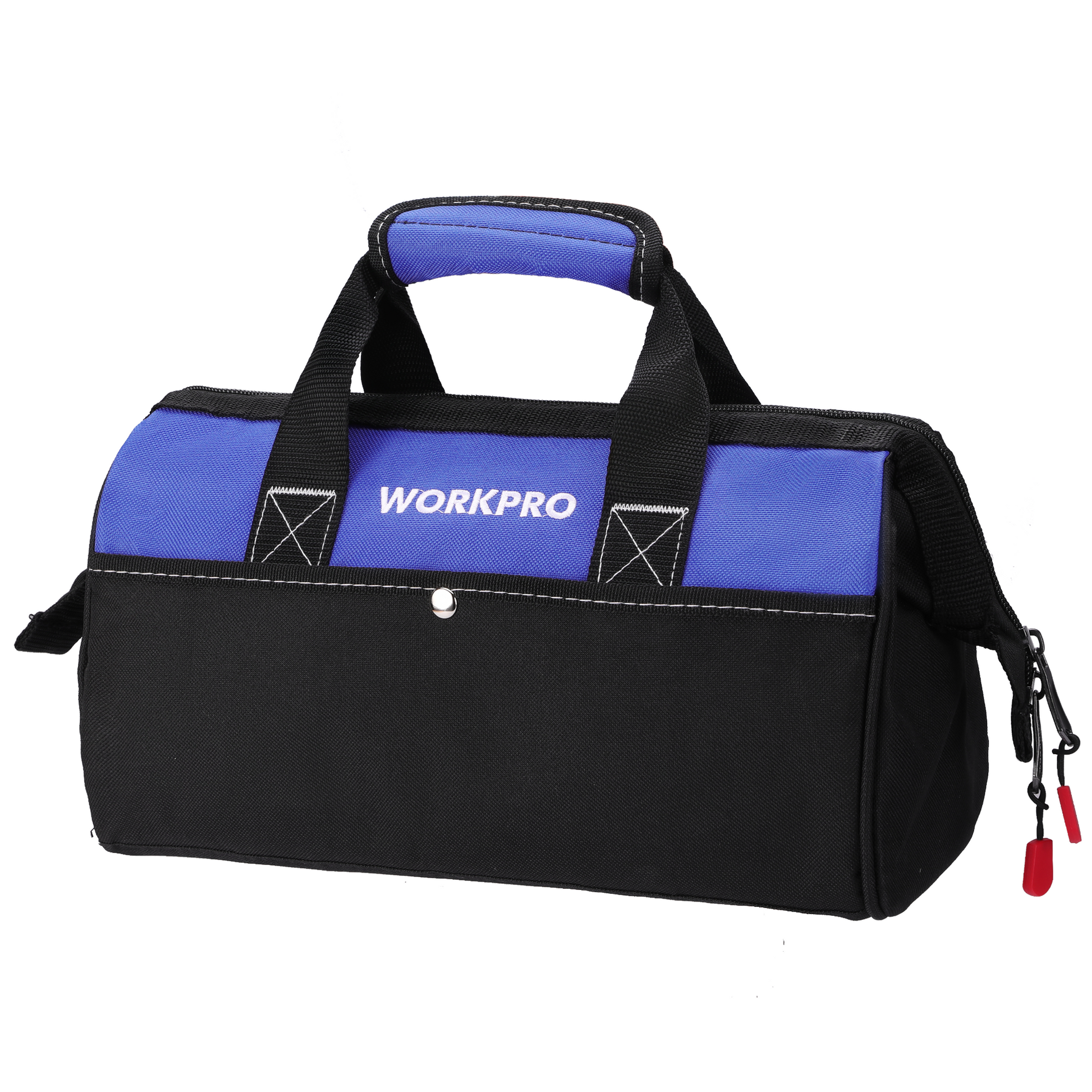 WORKPRO 13 inch wide mouth tool tote bag in blue and black with innovation quality secure durable design