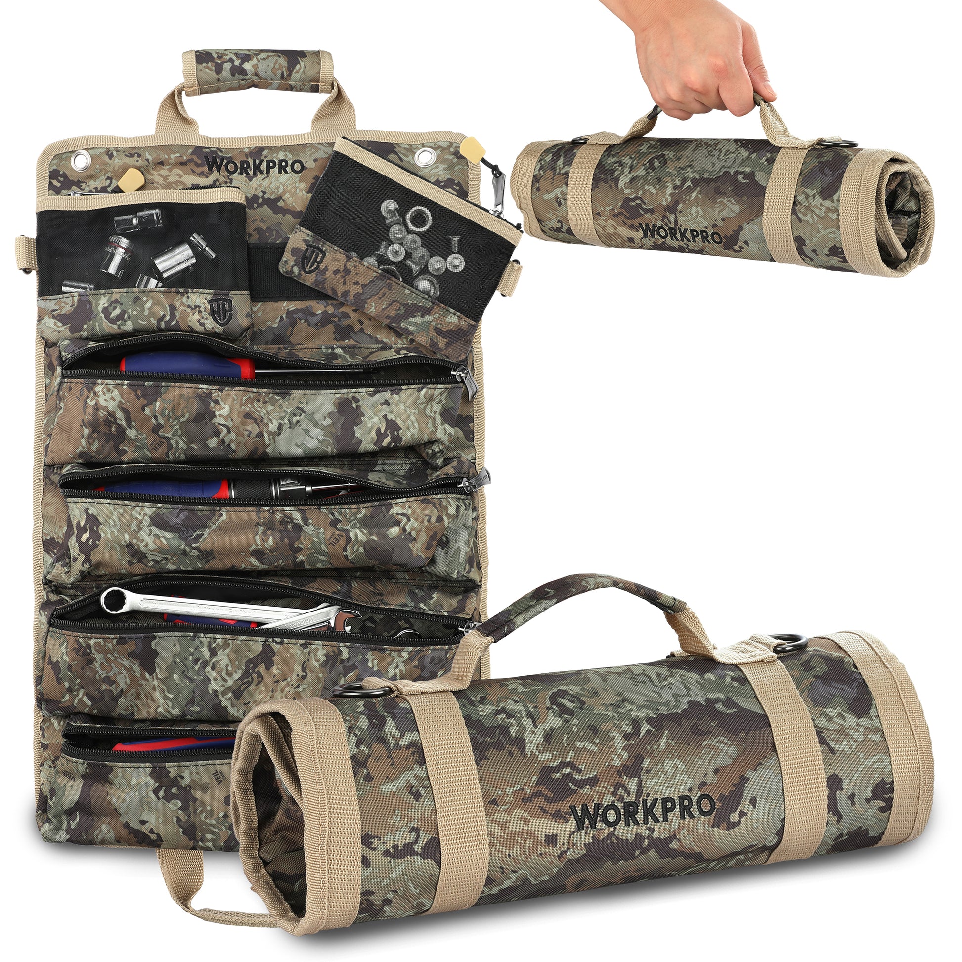 WORKPRO Roll Tool Bag with Detachable Pouches in camo, innovation and secure quality for durable organization
