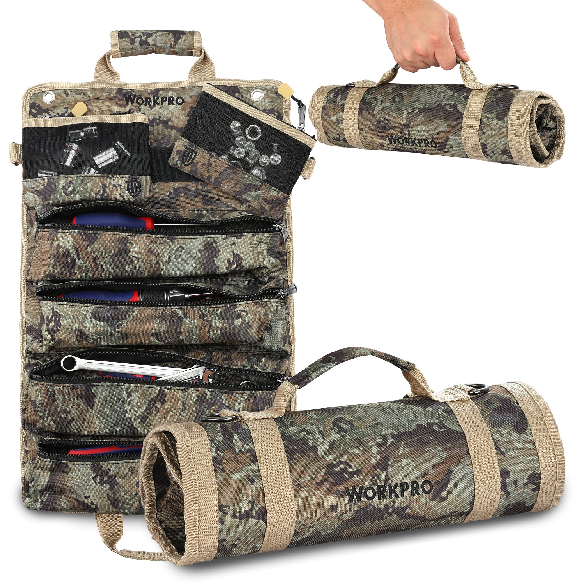 WORKPRO Roll Tool Bag with Detachable Pouches in camo, innovation and secure quality for durable organization