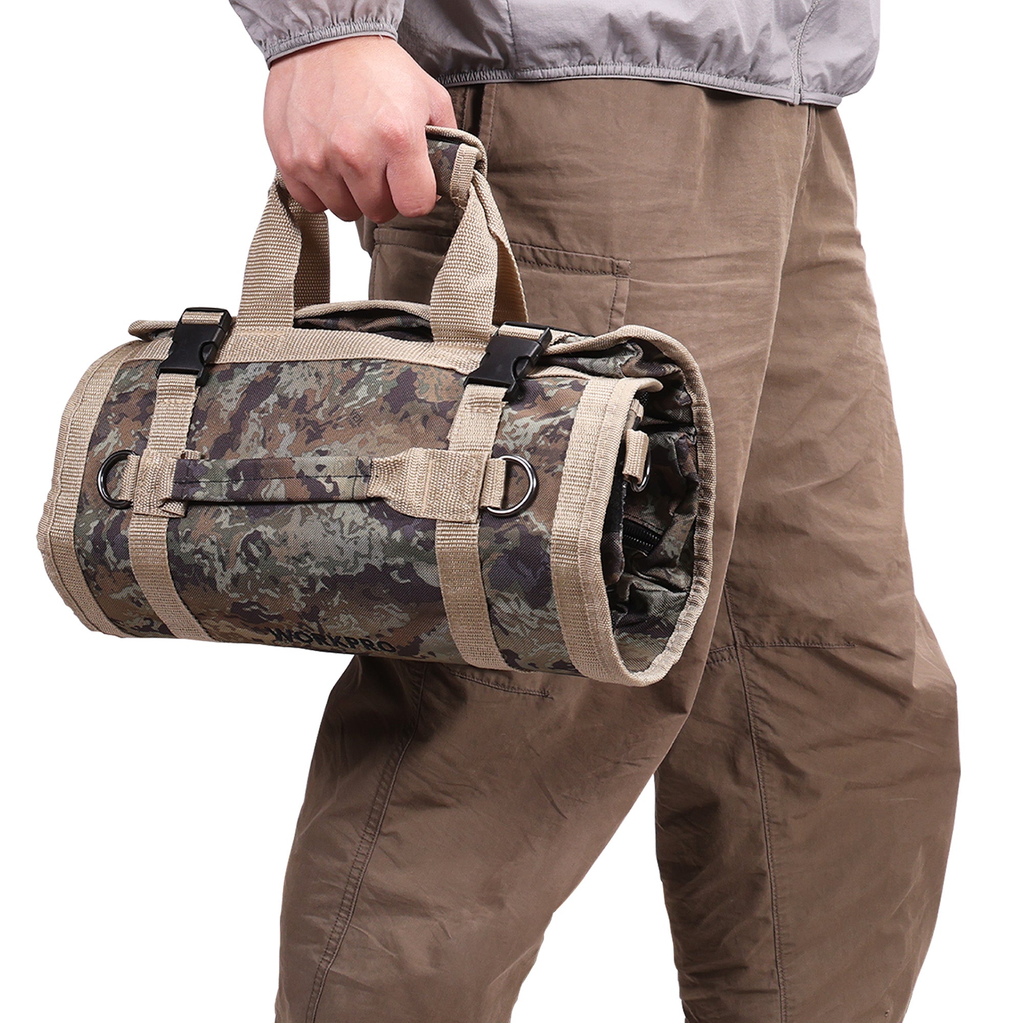 WORKPRO Roll Tool Bag with Detachable Pouches in camo, innovation and durable quality with secure straps