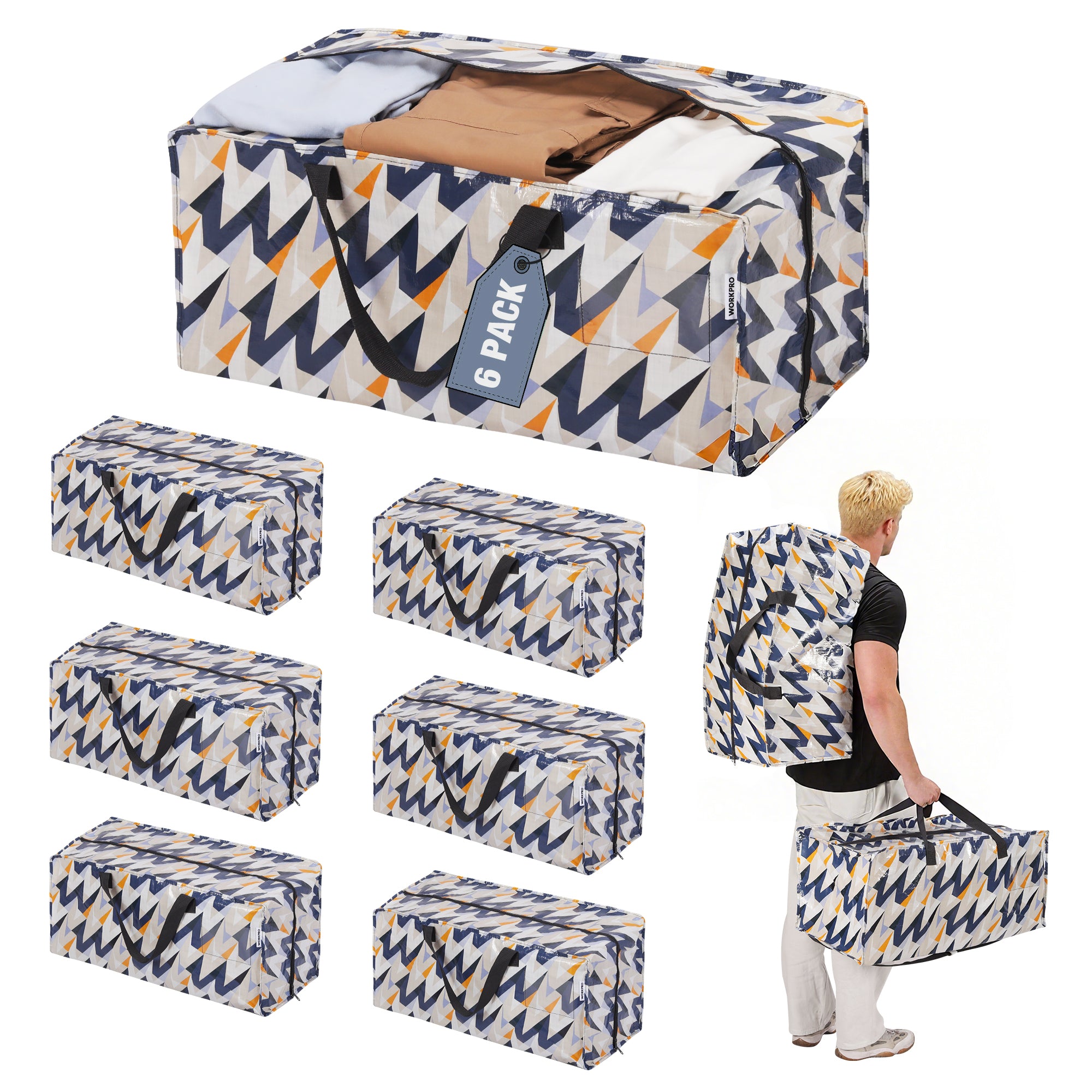 WORKPRO 6 Pack Extra Large Moving Bags with Zippers & Carrying Handles Backpack Straps, Heavy-Duty Storage Tote for Space Saving & Storage, Alternative to Moving Box (W - Alphabet Printing)