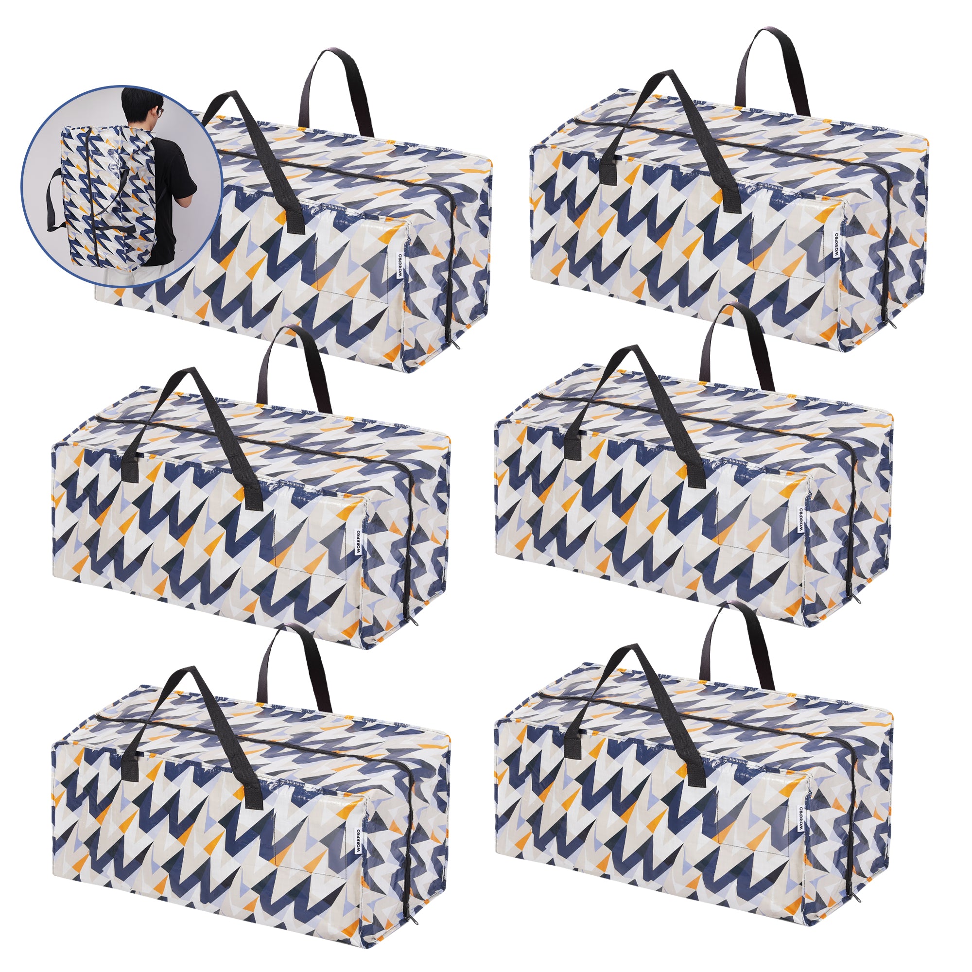 WORKPRO 6 Pack Extra Large Moving Bags with Zippers & Carrying Handles Backpack Straps, Heavy-Duty Storage Tote for Space Saving & Storage, Alternative to Moving Box (W - Alphabet Printing)